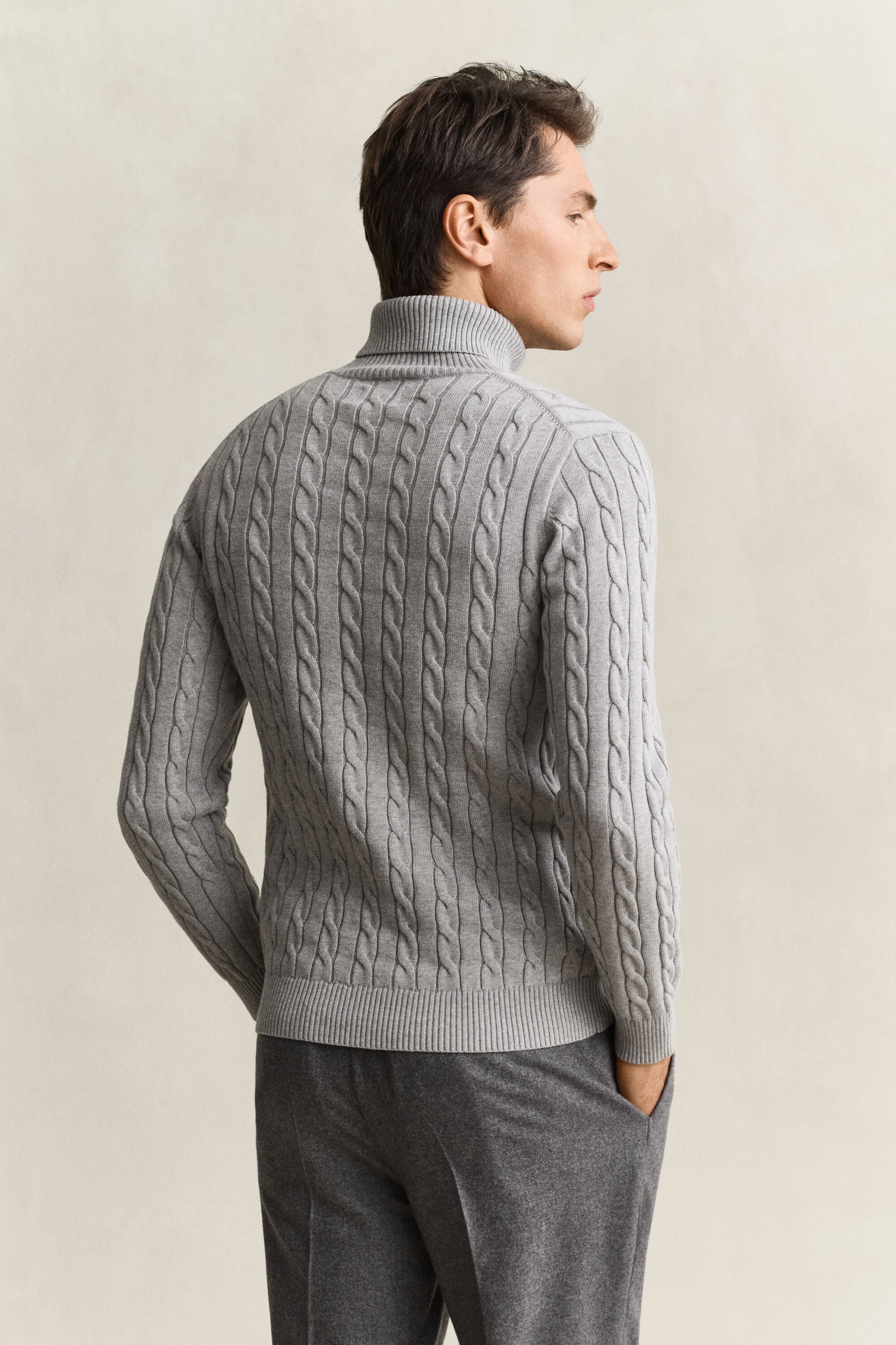 Cotton Cable Knit Turtleneck Sweater — GREY MELANGE