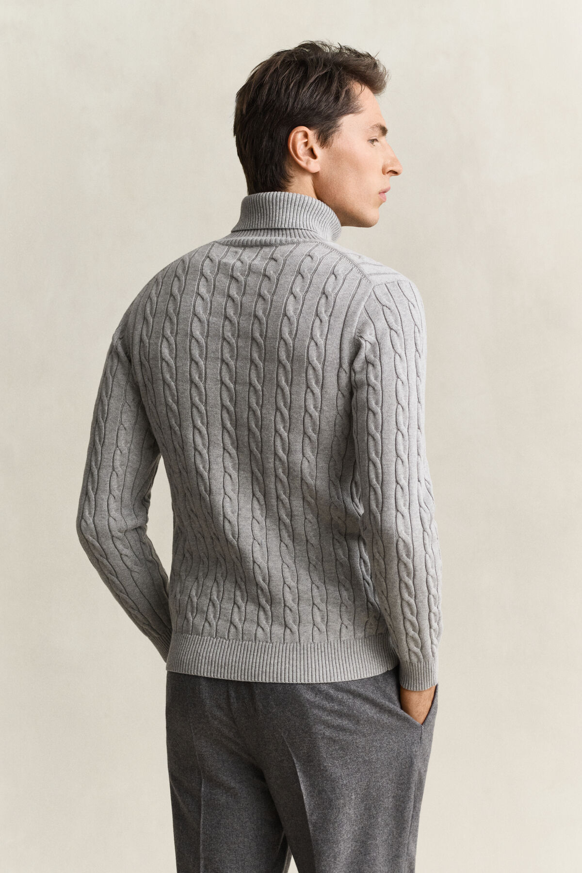 Cotton Cable Knit Turtleneck Sweater — GREY MELANGE