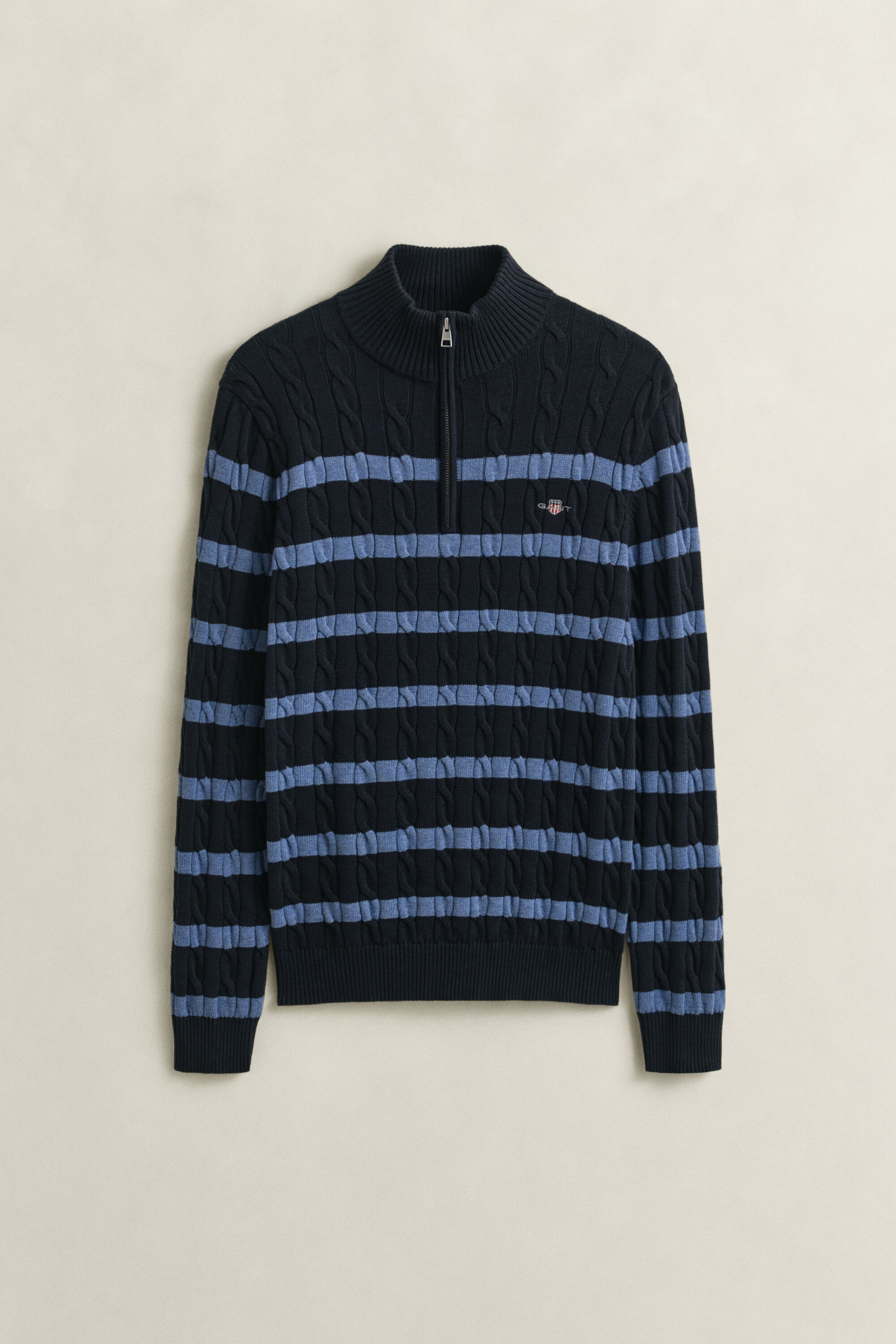 Striped Cotton Cable Knit Half-Zip Sweater
