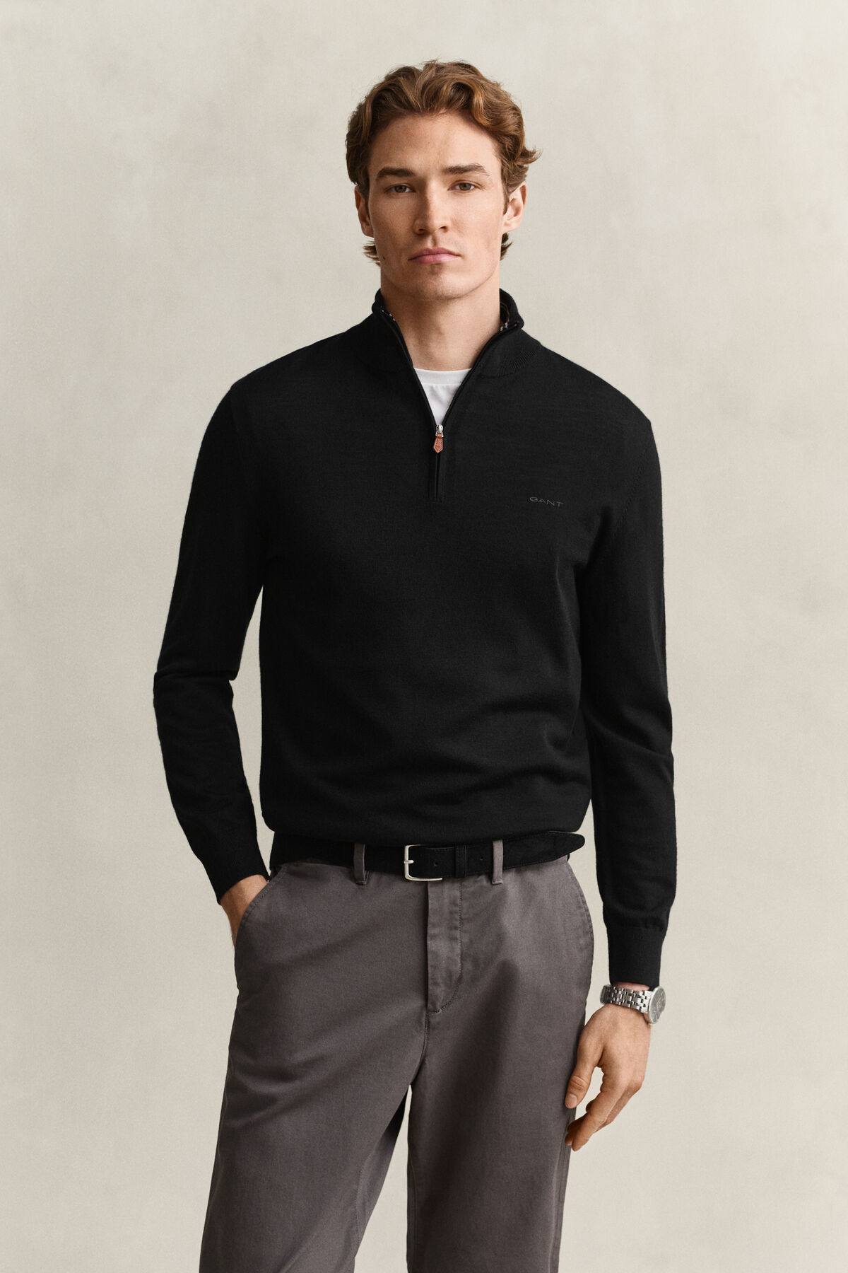 Merino Wool Half-Zip Sweater — BLACK