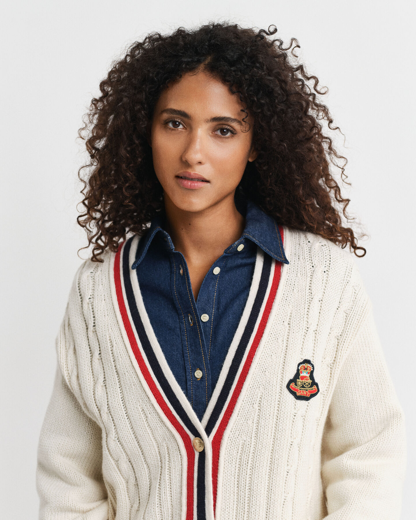 Gant Varsity Cable Knit V-Neck Cardigan