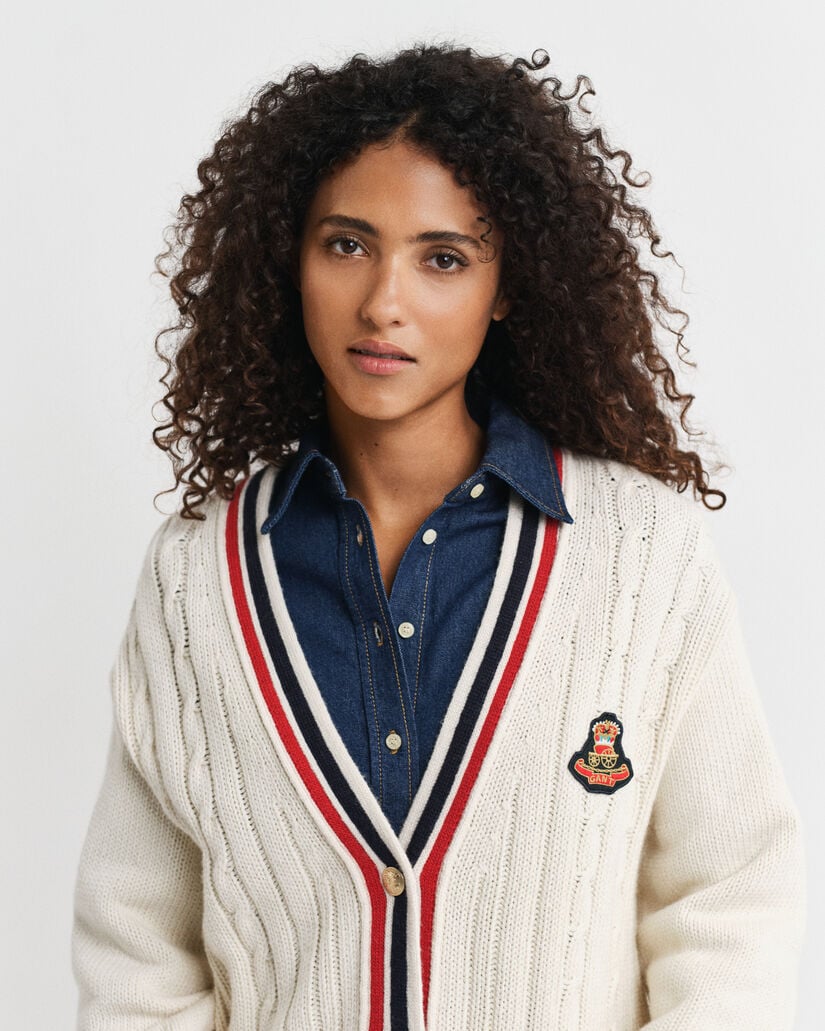 Gant Varsity Cable Knit V-Neck Cardigan
