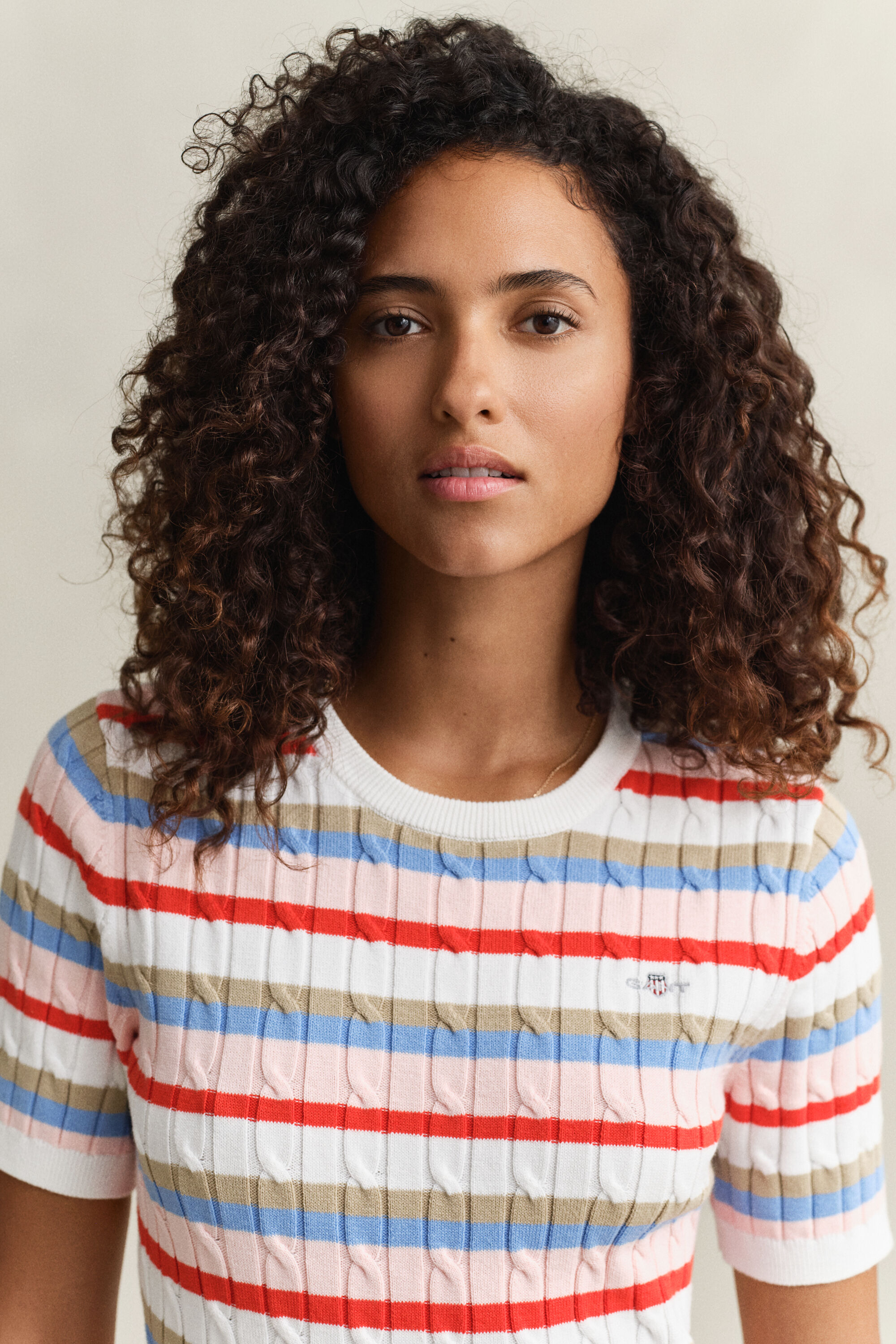 Striped Cable Knit Short Sleeve Sweater