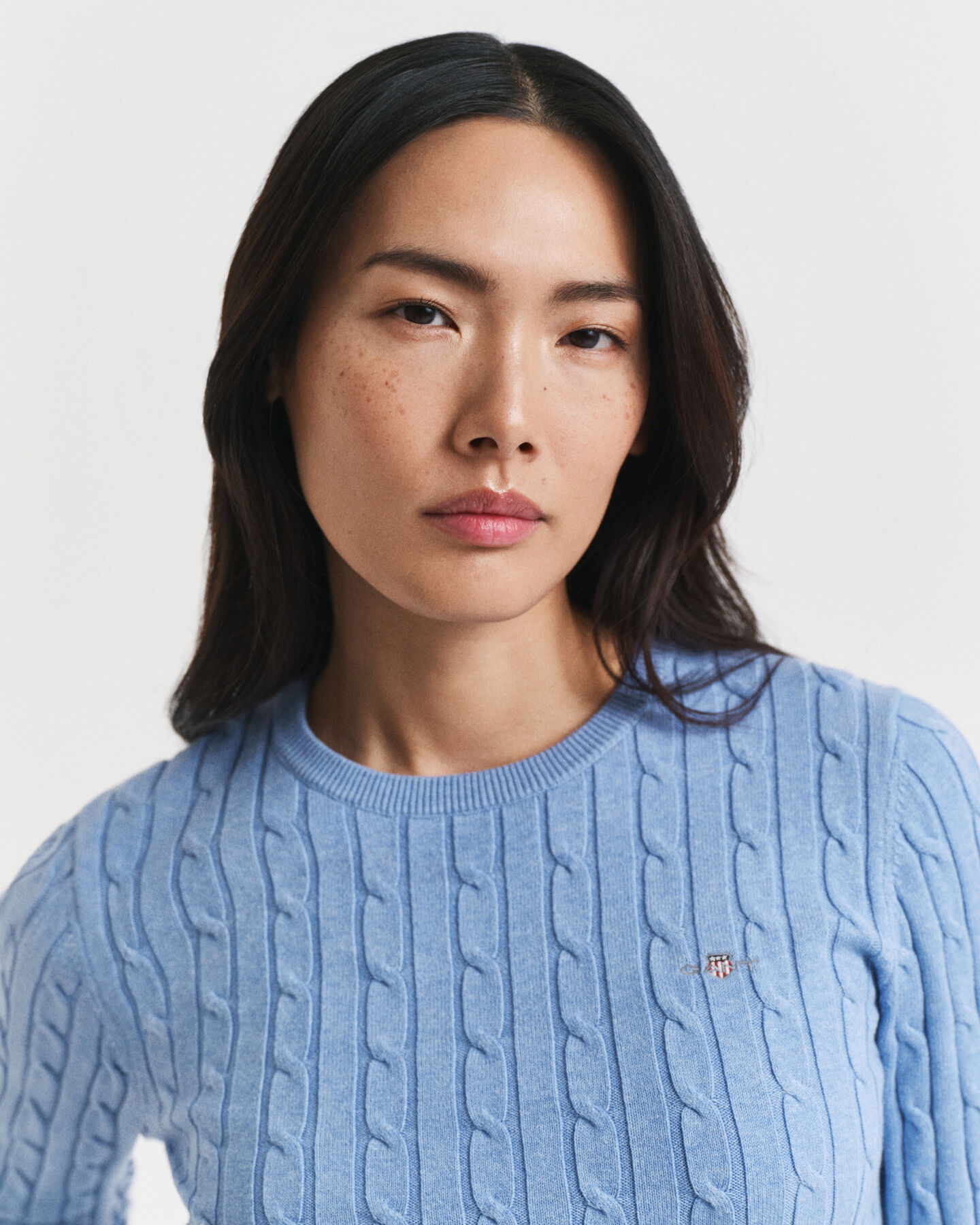 Stretch Cotton Cable Knit Crew Neck Sweater