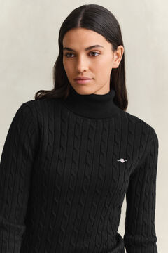 Stretch Cotton Cable Knit Turtleneck Sweater — BLACK 3