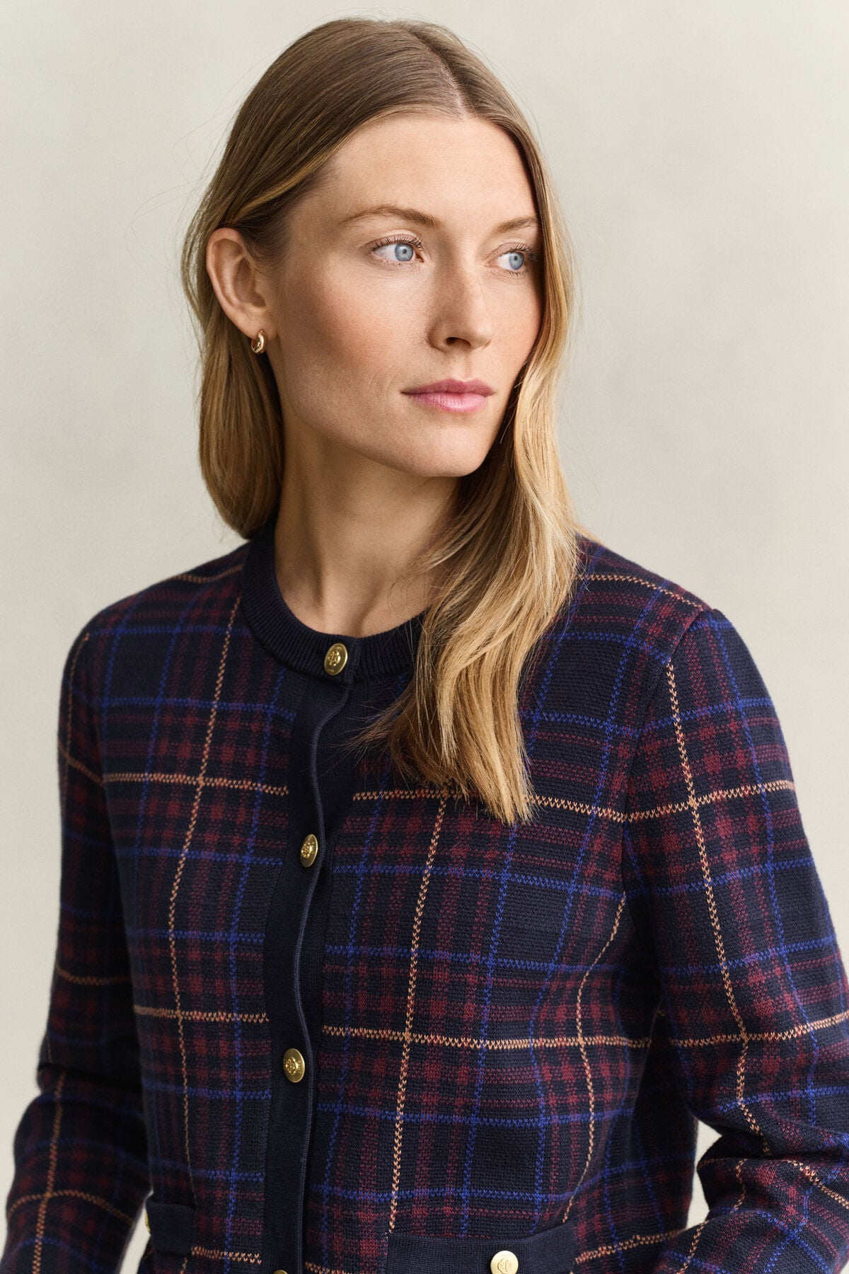 Knitted Check Cardigan — EVENING BLUE