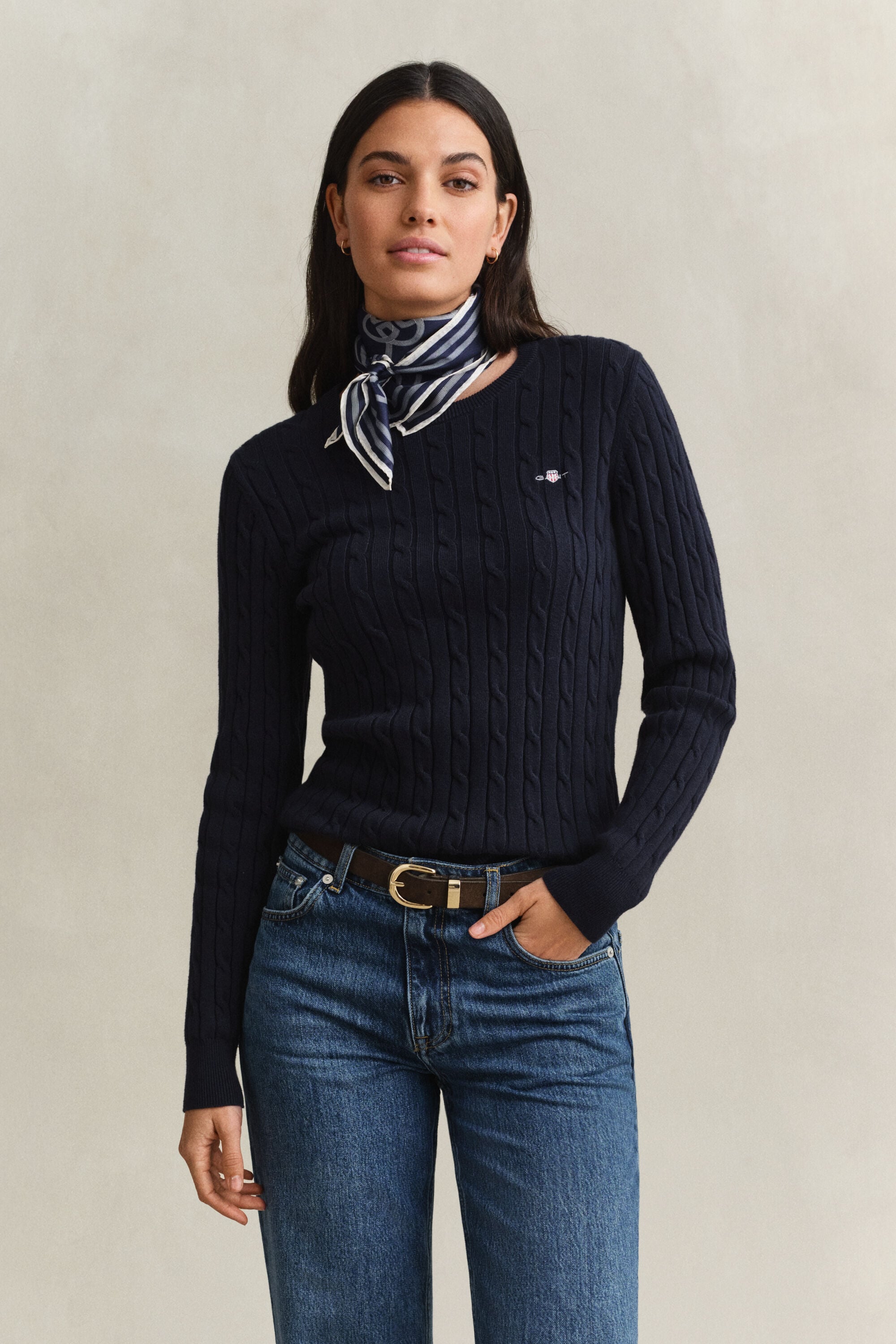 Stretch Cotton Cable Knit Crew Neck Sweater