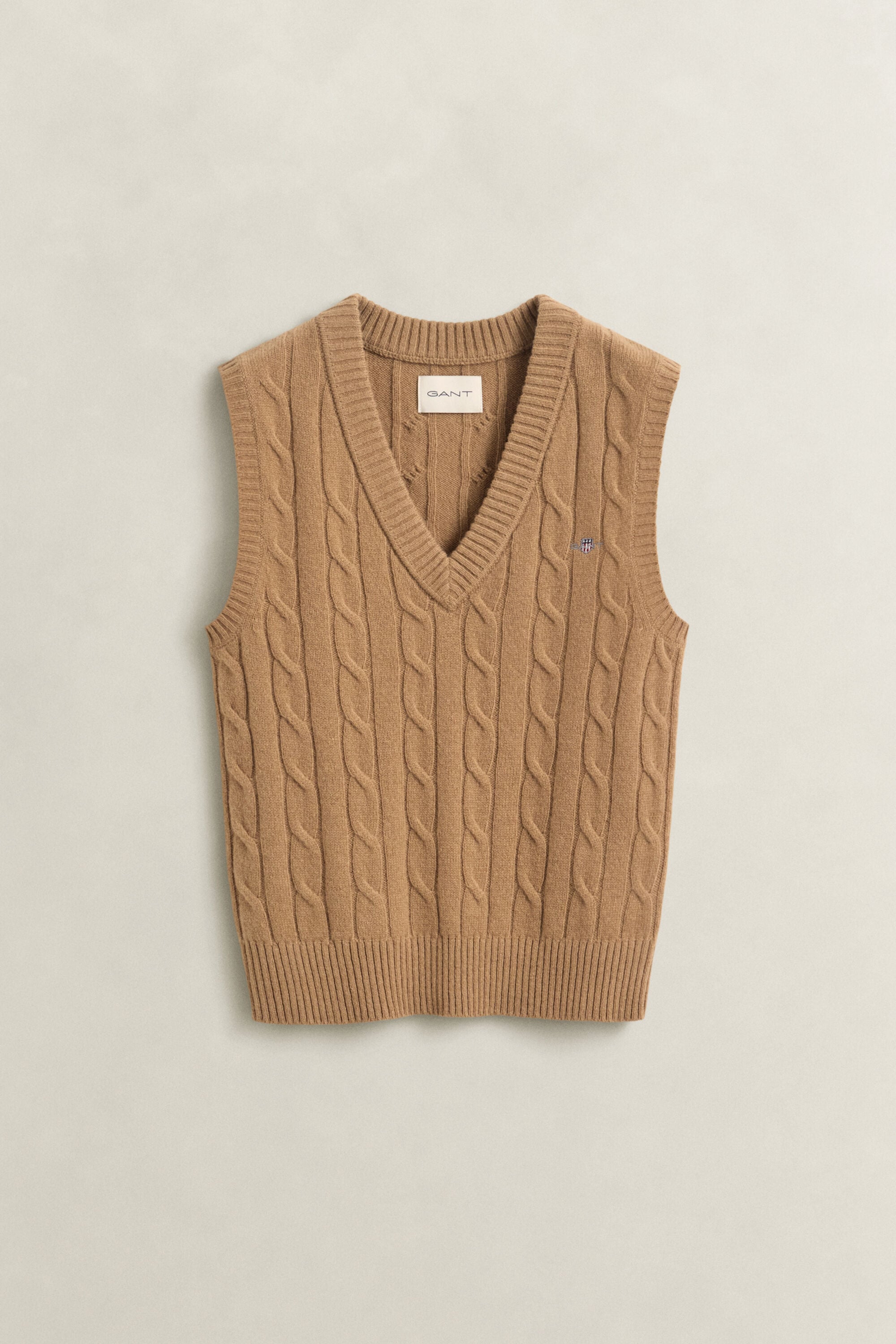 Lambswool Cable Knit Vest — WARM KHAKI