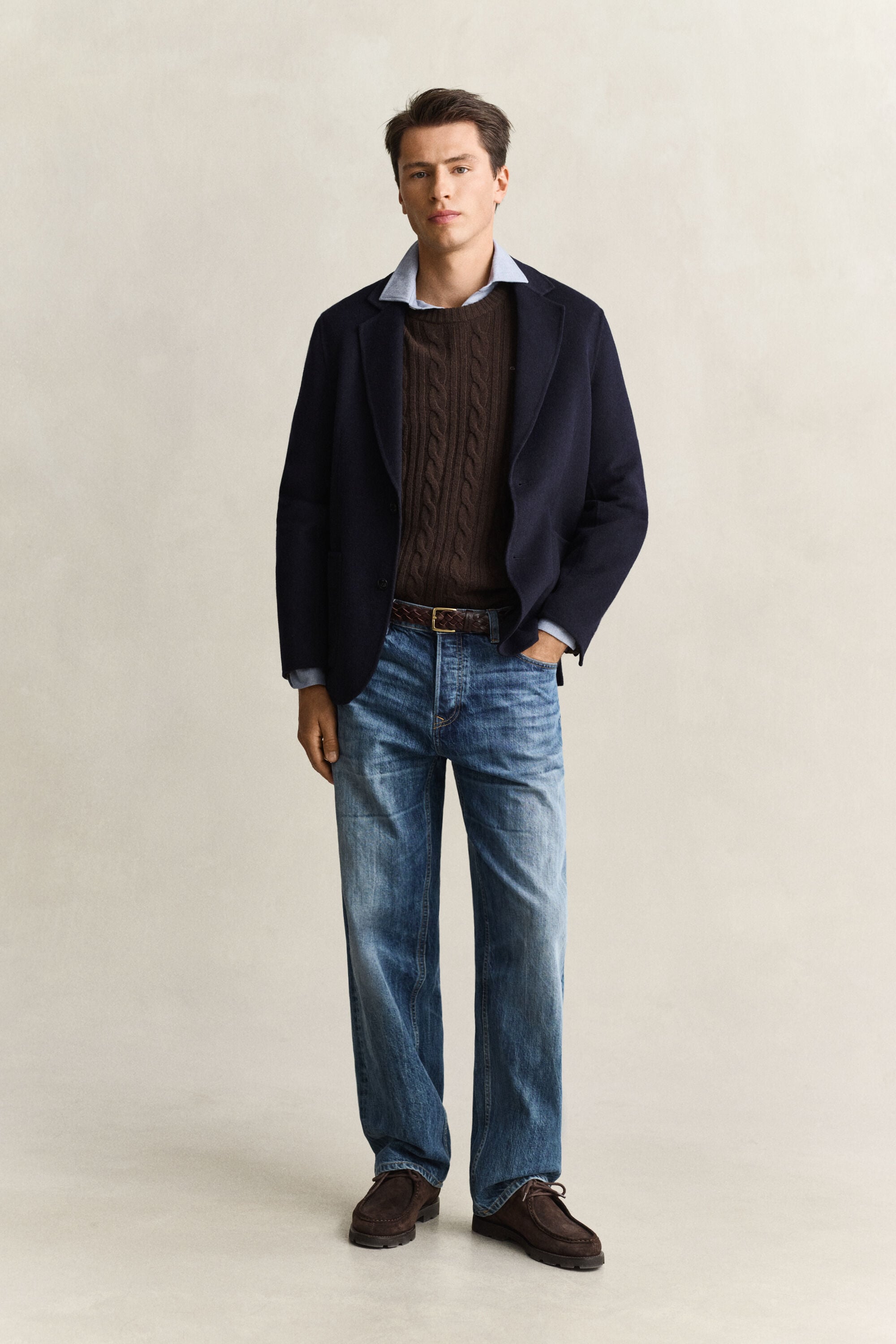Lambswool Cable Knit Crew Neck Sweater — BLACK BROWN