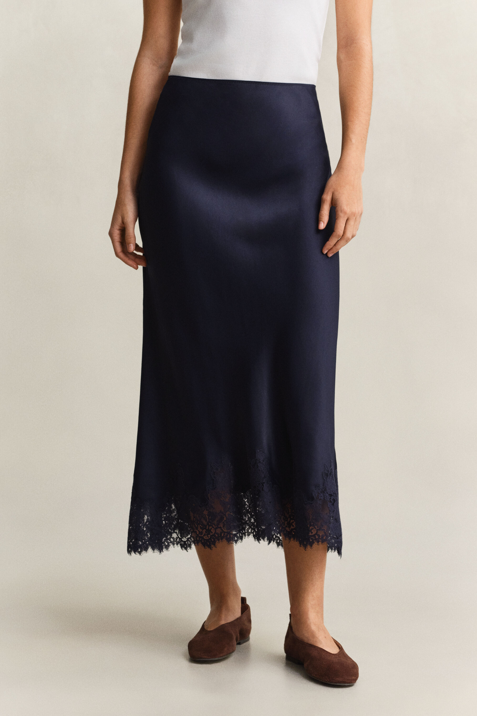 Satin Lace Midi Skirt