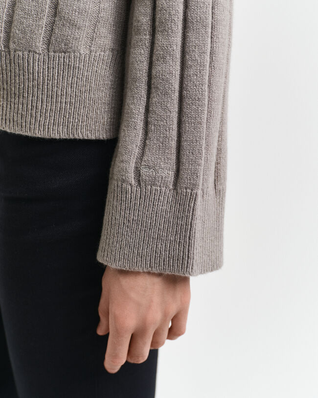 Wide Ribbed Wool Stand Collar Sweater