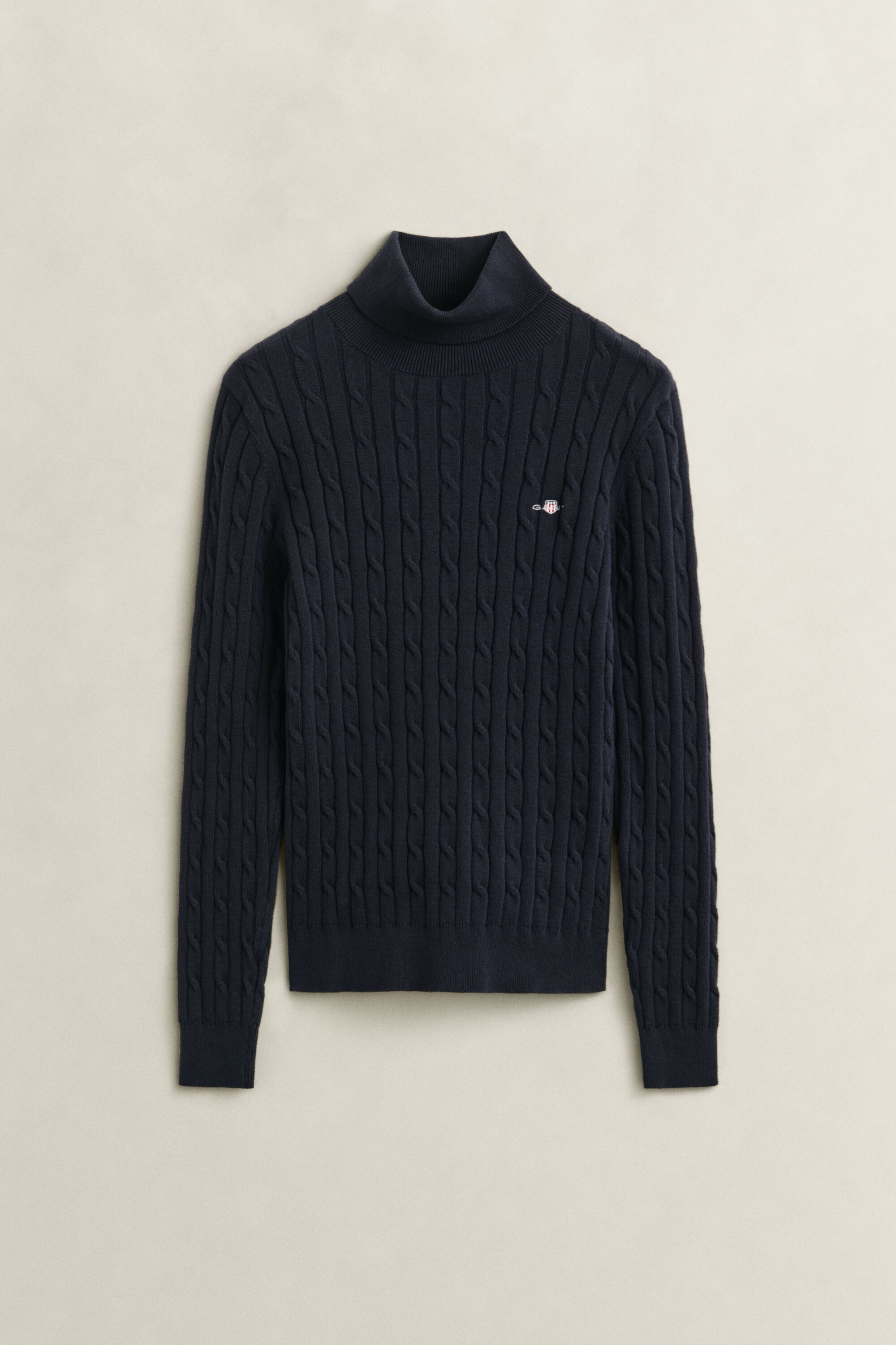 Stretch Cotton Cable Knit Turtleneck Sweater