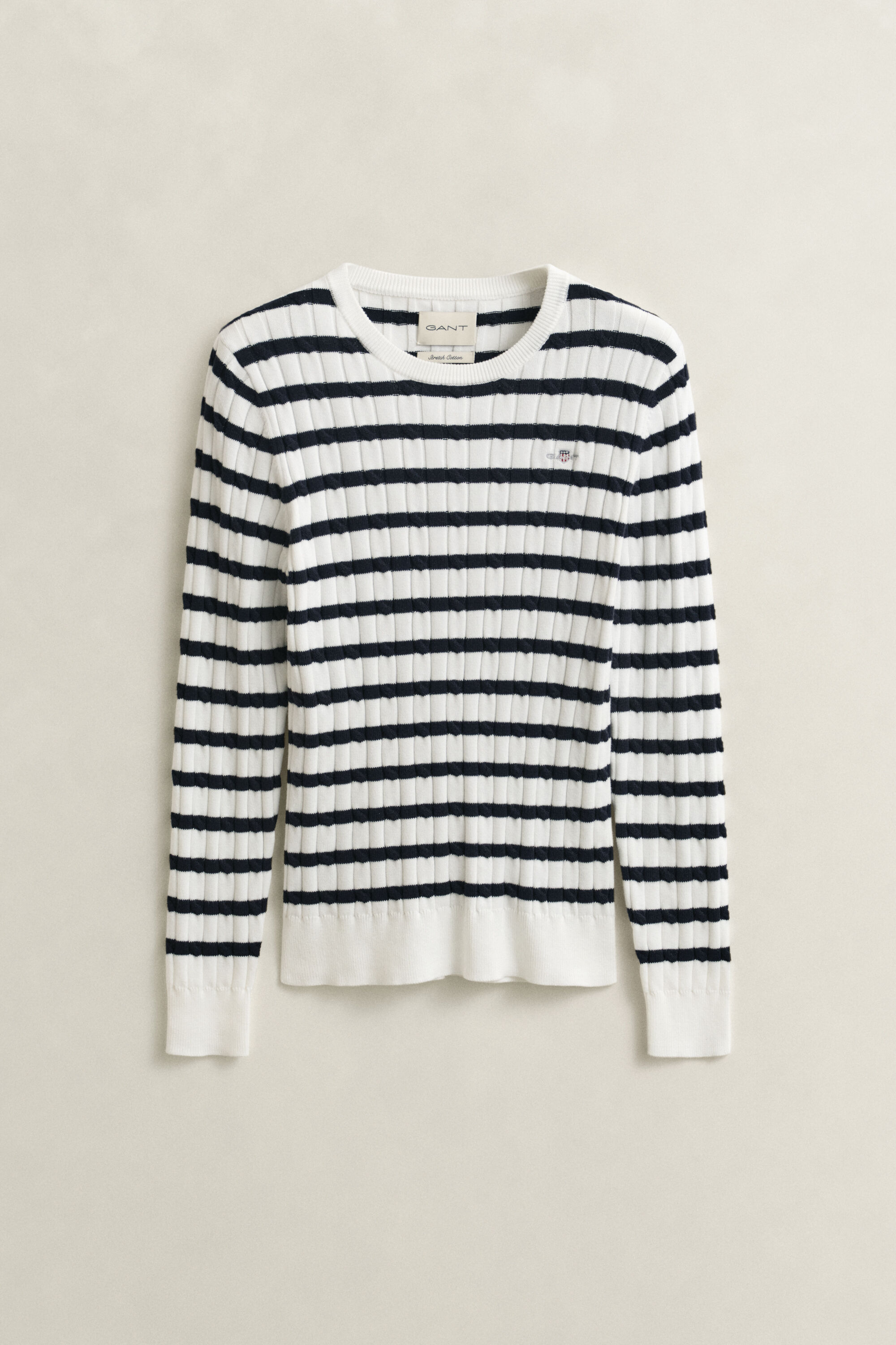 Striped Cable Knit Crew Neck Sweater