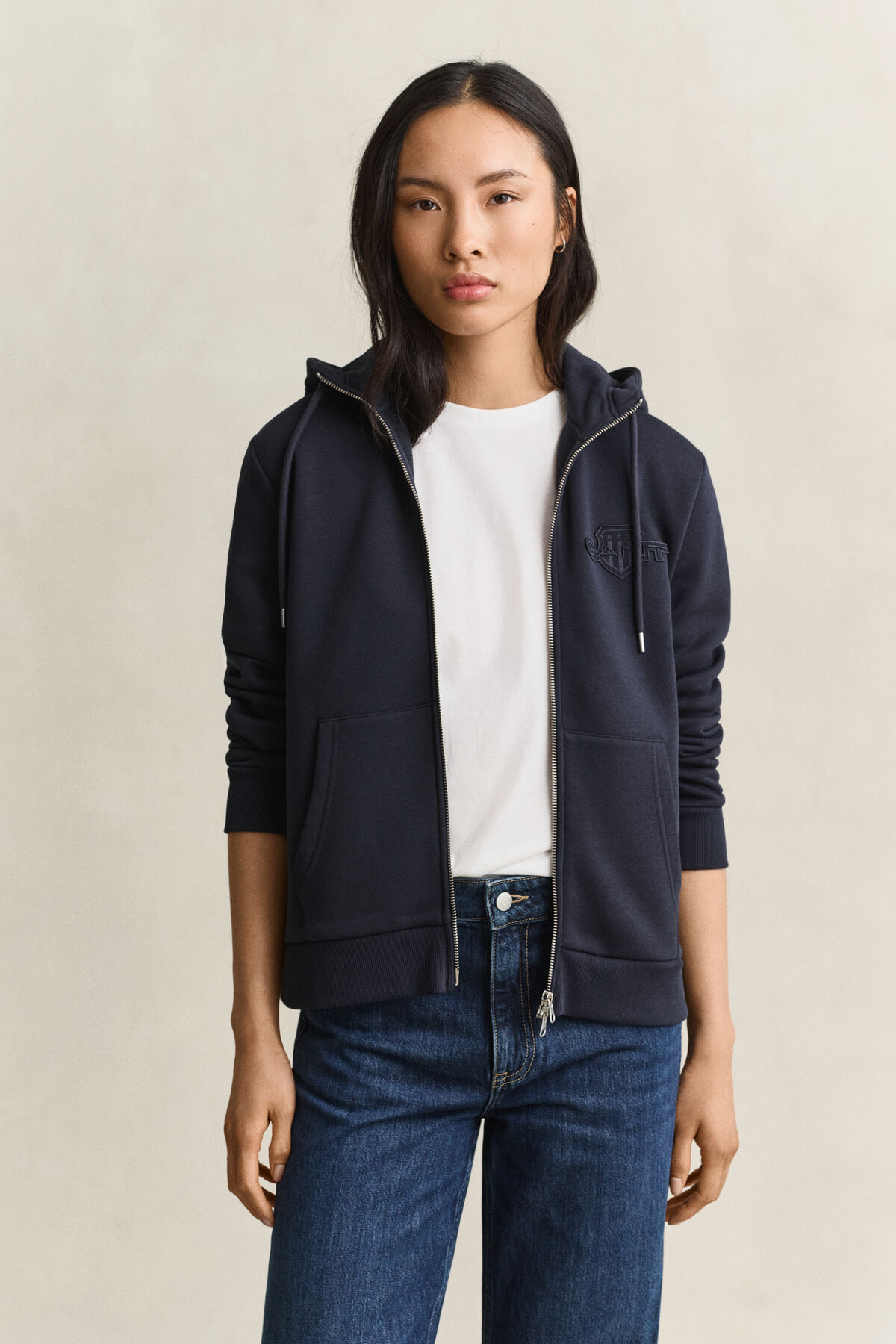 Tonal Shield Zip Hoodie — EVENING BLUE