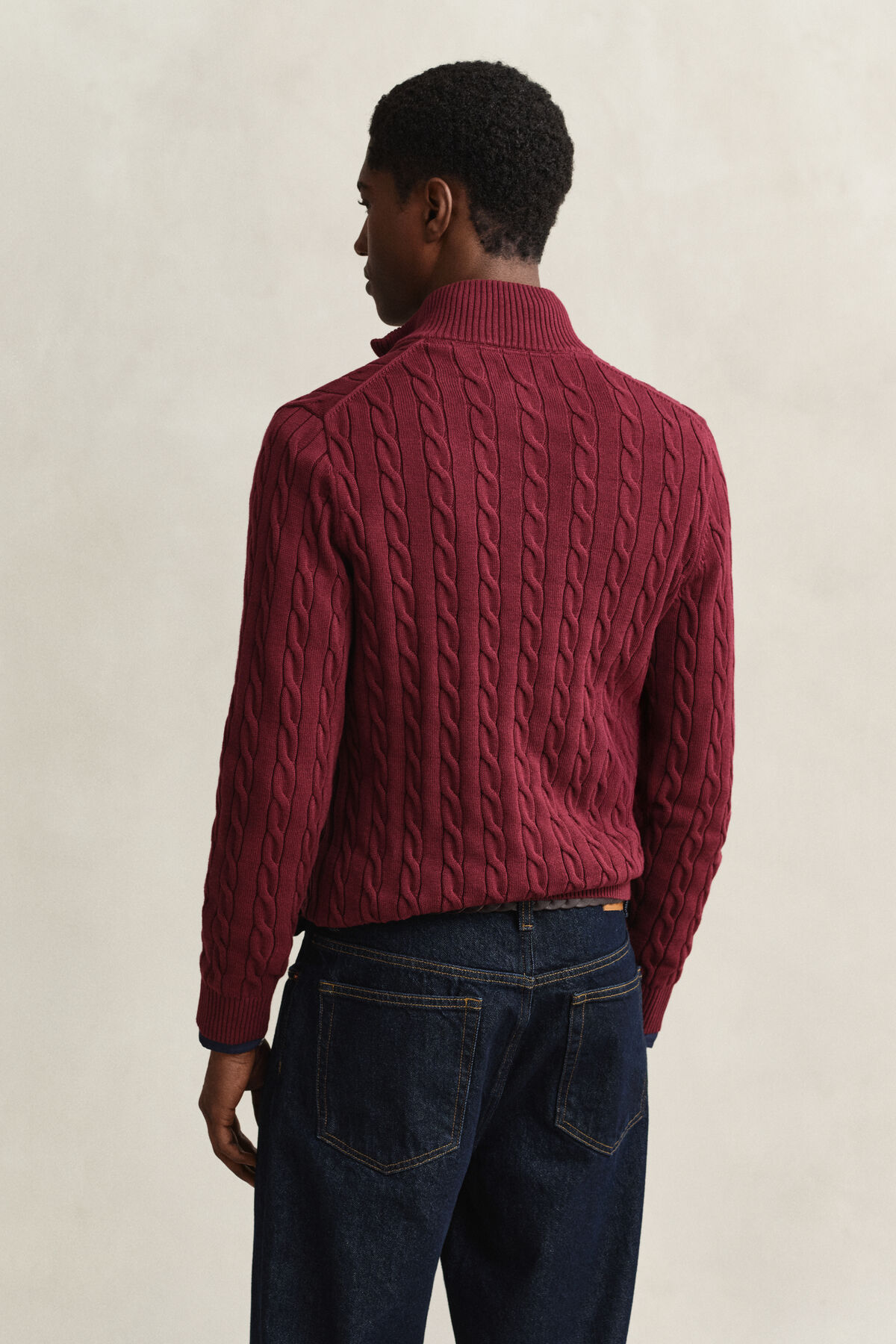 Cotton Cable Knit Half-Zip Sweater — DEEP GRAPE WINE