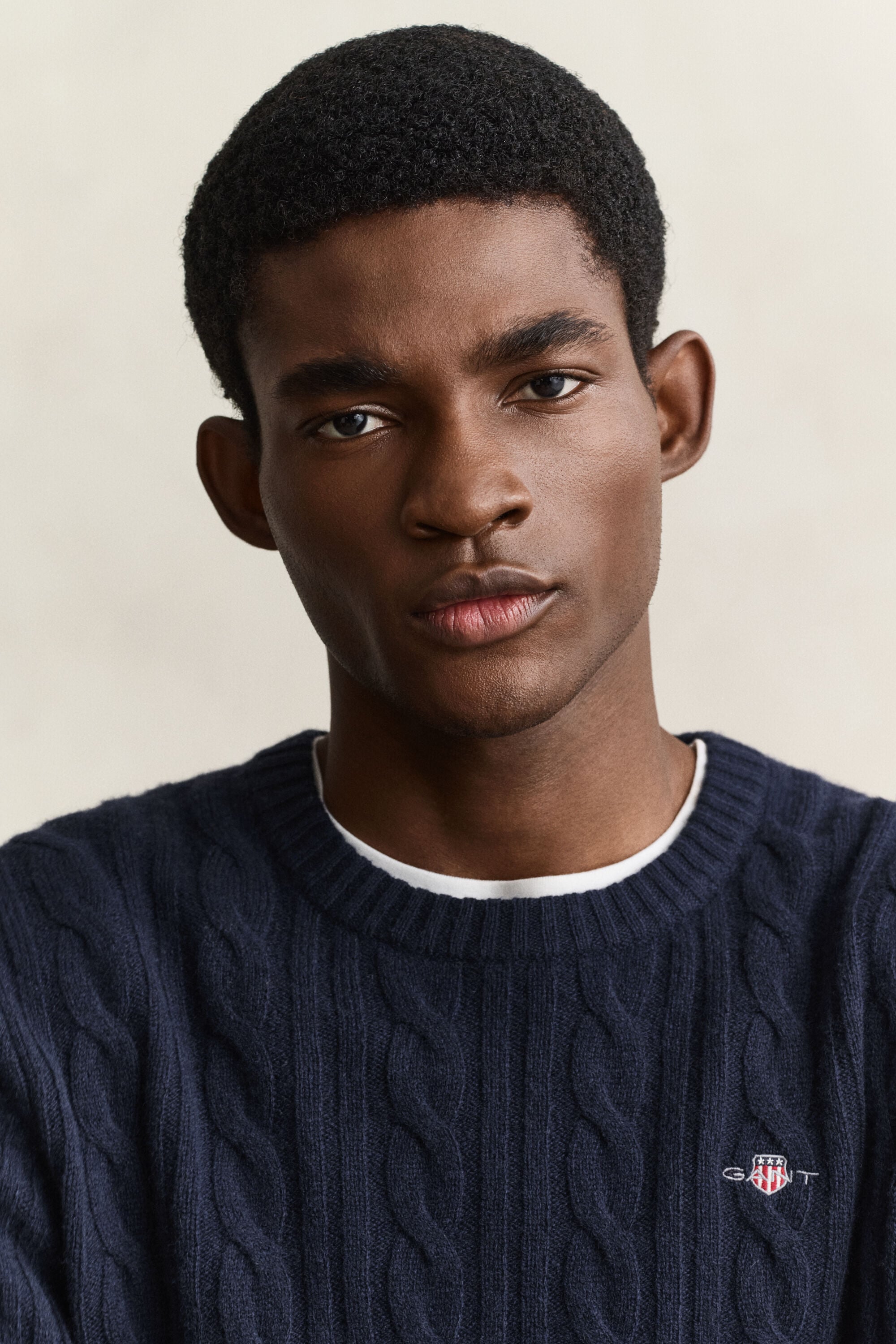 Lambswool Cable Knit Crew Neck Sweater — EVENING BLUE