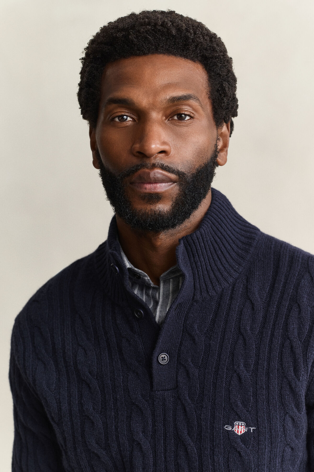 Lambswool Cable Knit Half-Buttoned Sweater — EVENING BLUE