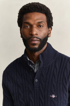 Lambswool Cable Knit Half-Buttoned Sweater — EVENING BLUE 3