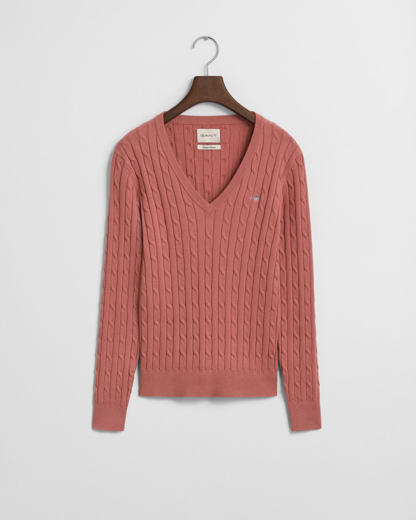Stretch Cotton Cable Knit V-Neck Sweater