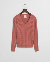 Stretch Cotton Cable Knit V-Neck Sweater