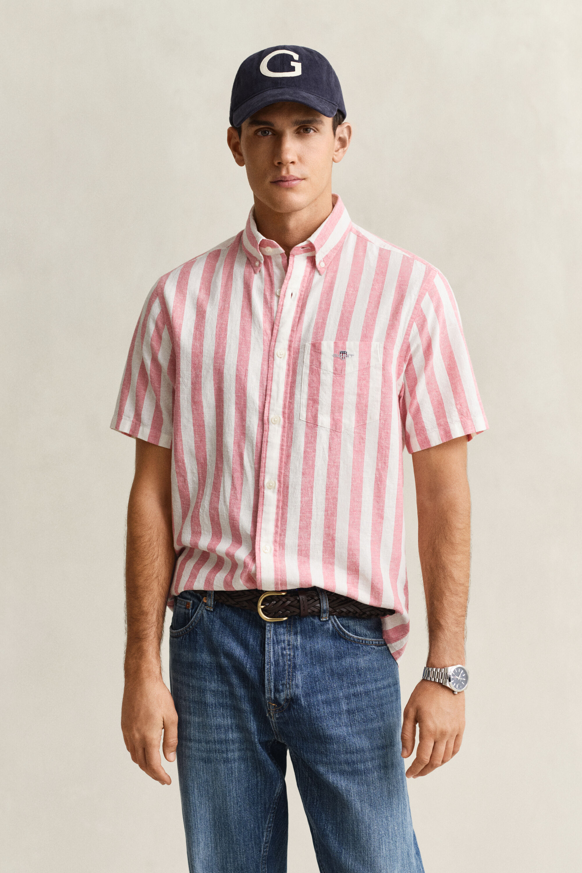 Striped Linen Blend Short Sleeve Shirt
