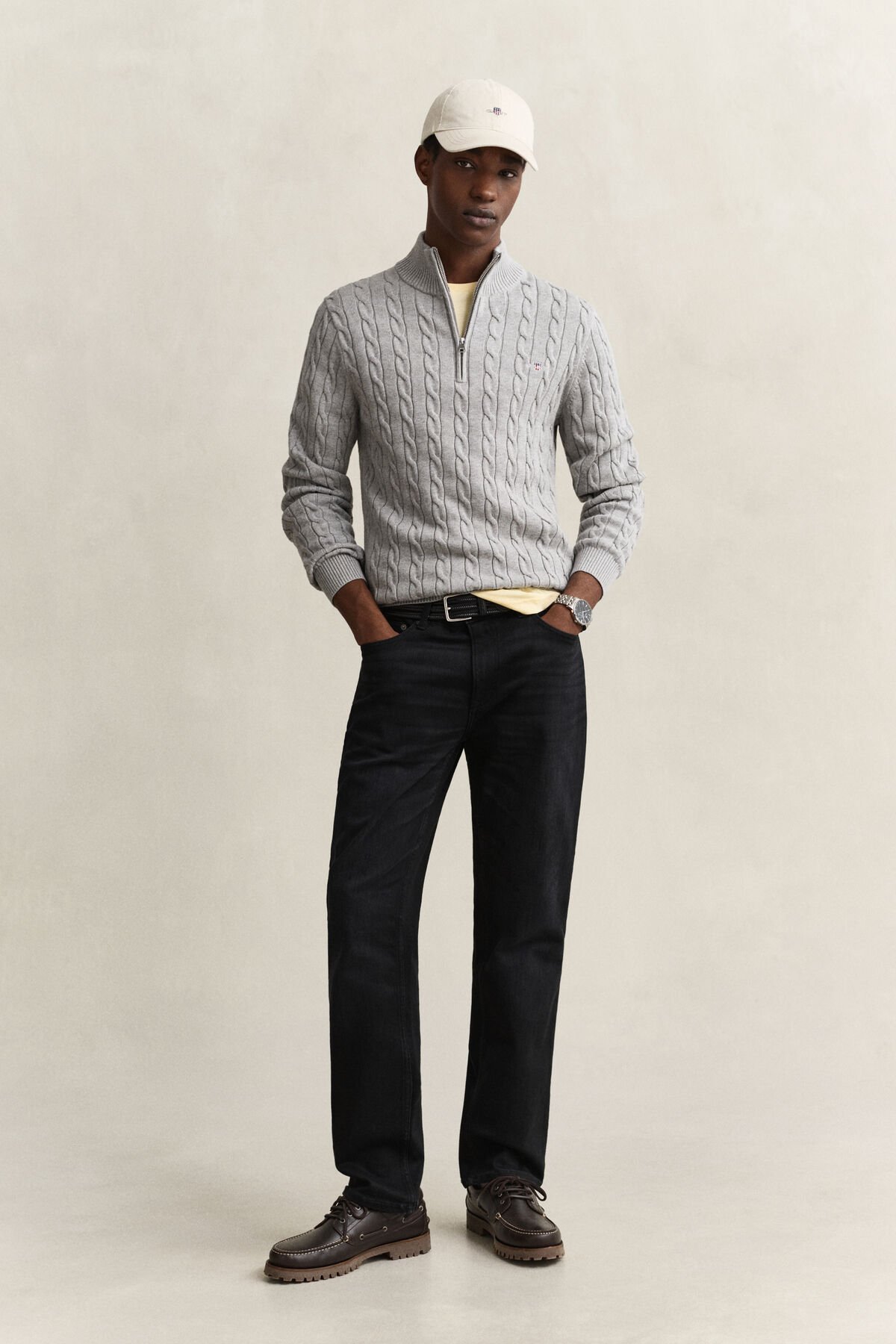 Cotton Cable Knit Half-Zip Sweater — GREY MELANGE