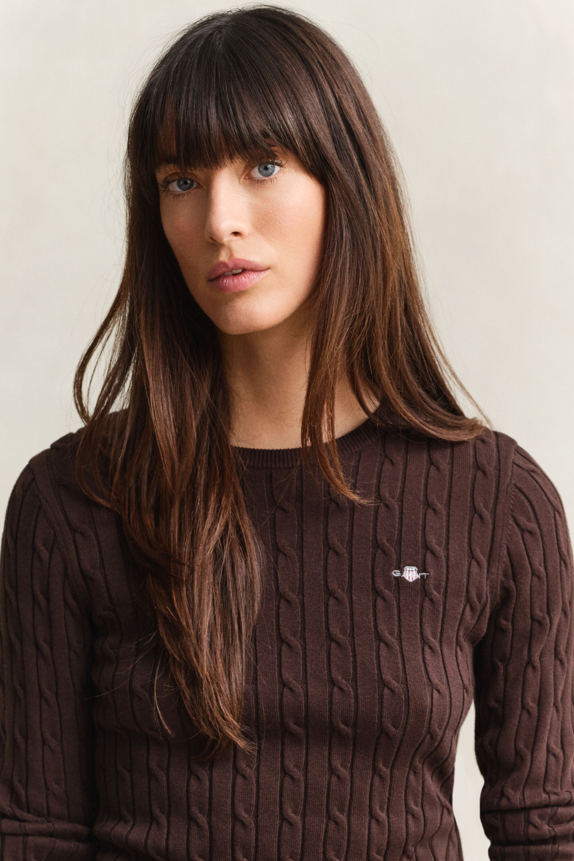 Stretch Cotton Cable Knit Crew Neck Sweater
