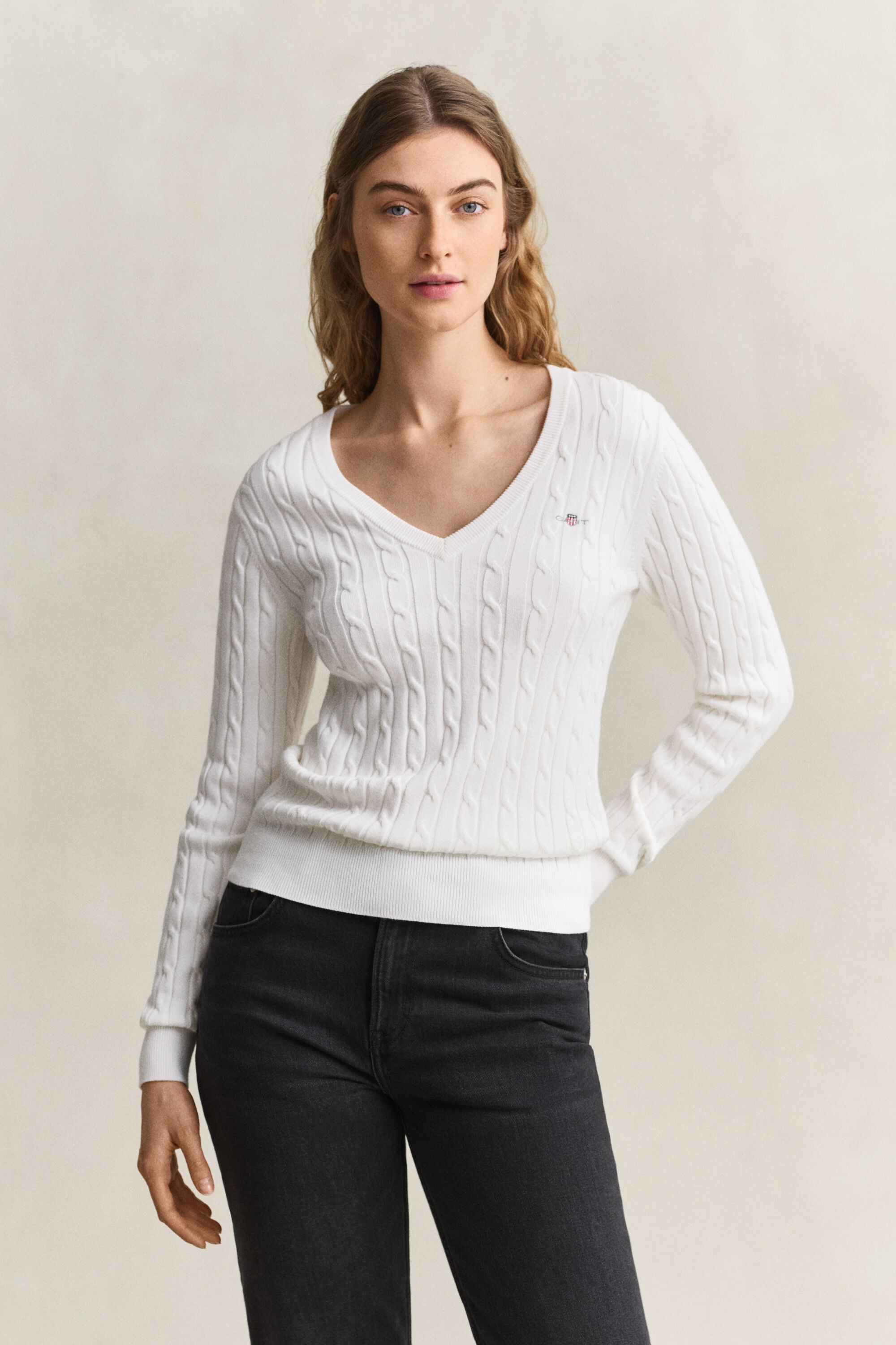 Stretch Cotton Cable Knit V-Neck Sweater