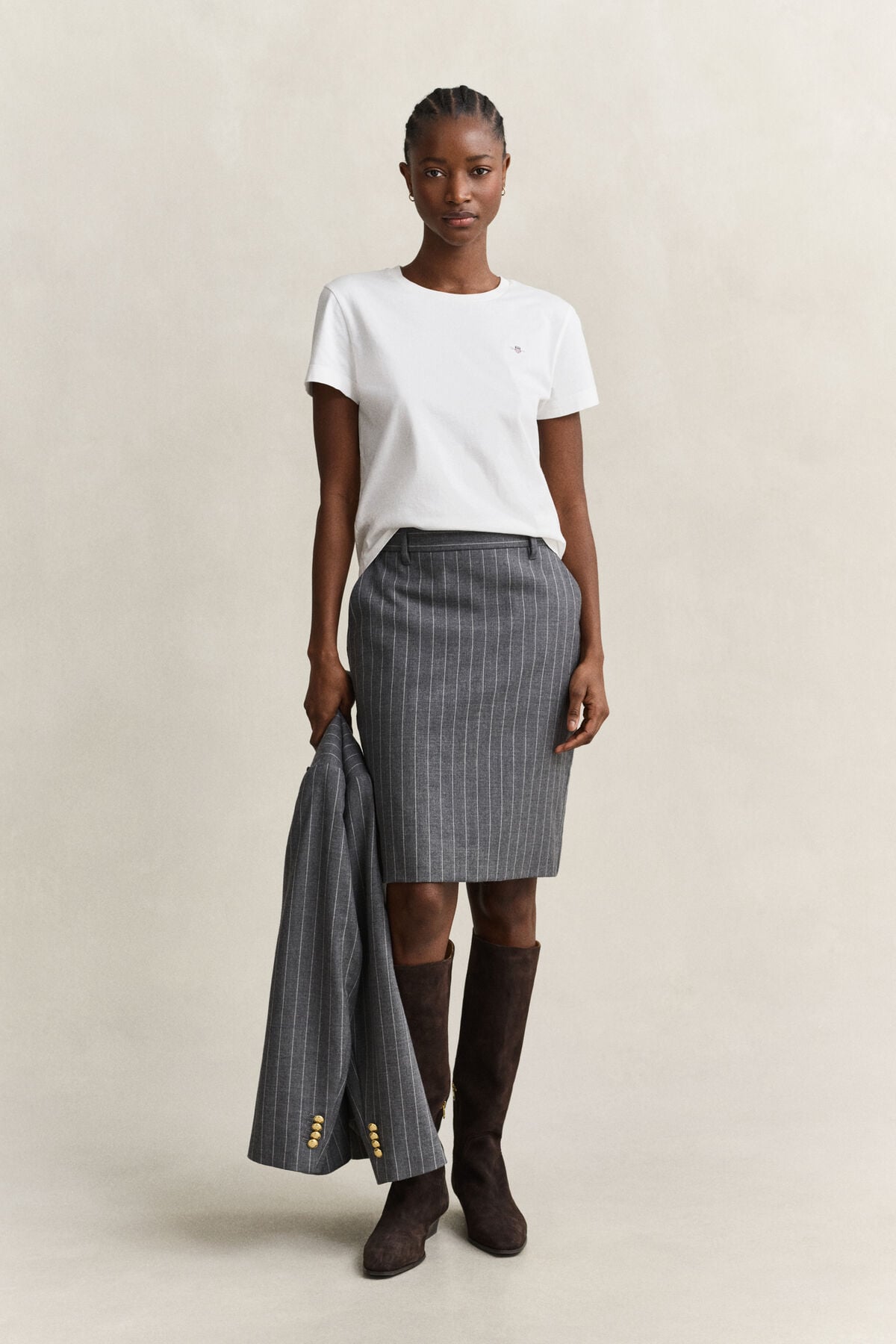 Pinstriped Wool Pencil Skirt — CHARCOAL MELANGE