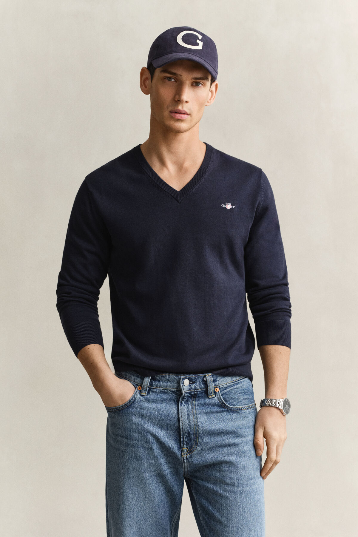Cotton V-Neck Sweater — EVENING BLUE