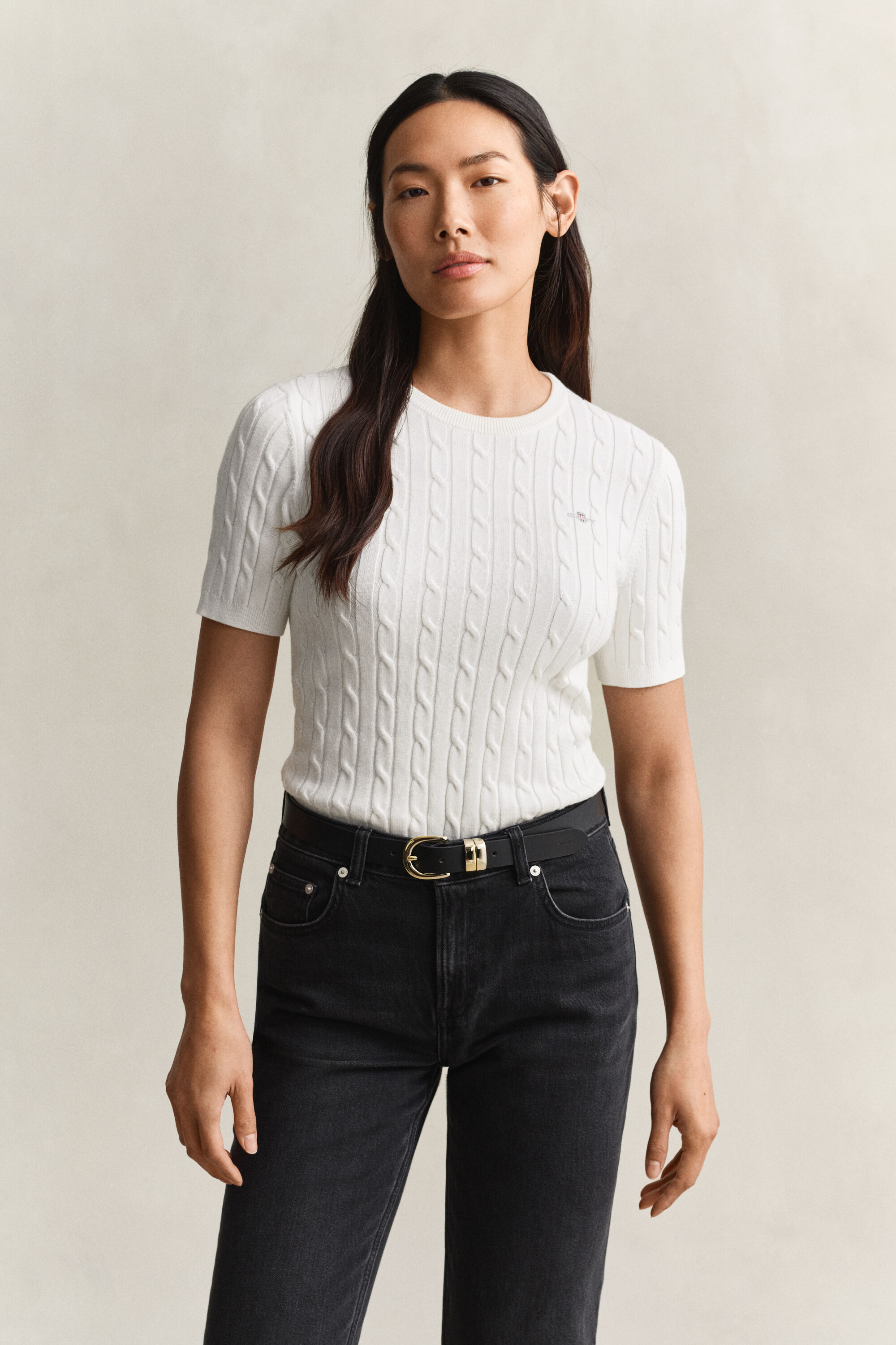 Stretch Cotton Cable Knit Short Sleeve Sweater