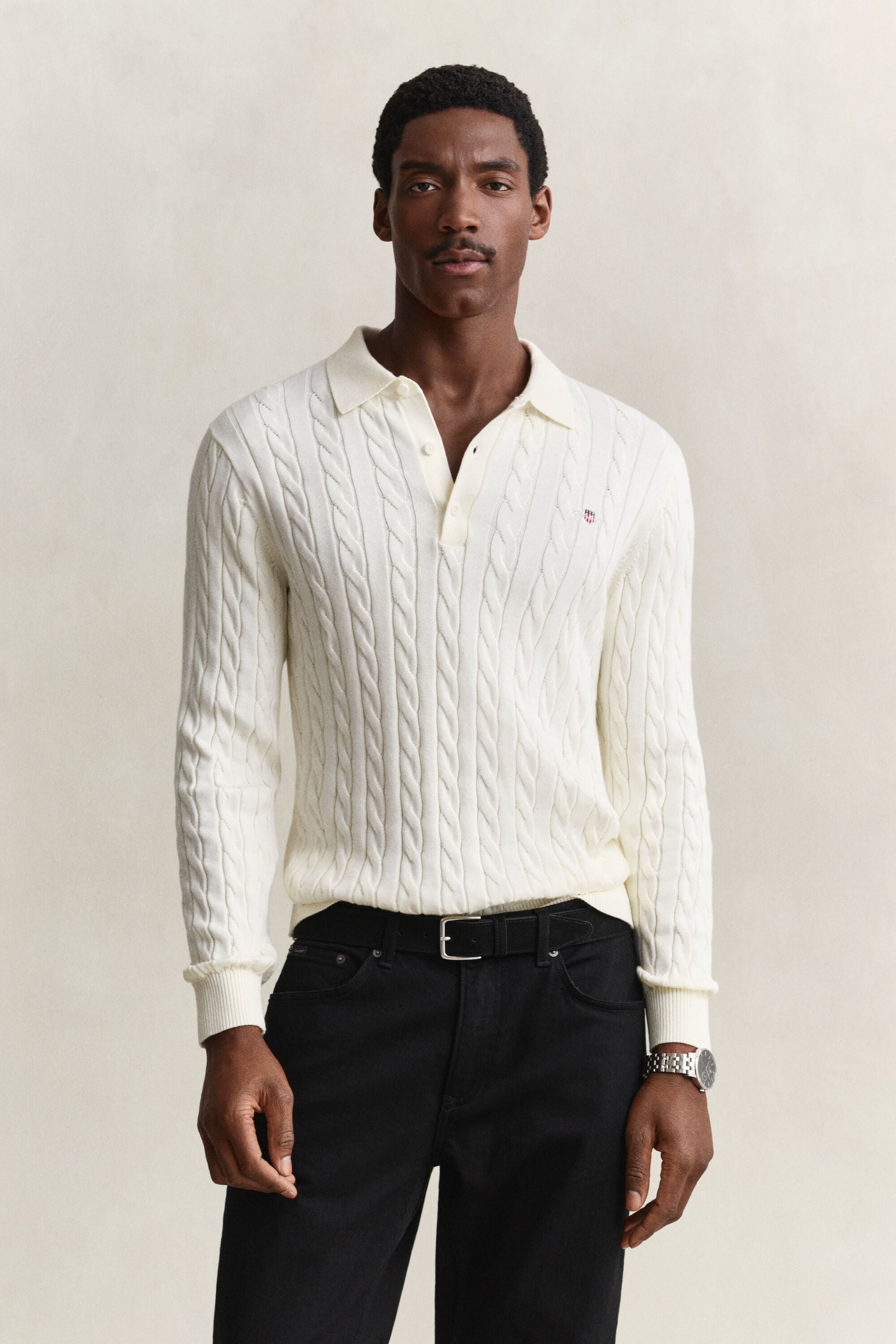 Cotton Cable Knit Polo Sweater