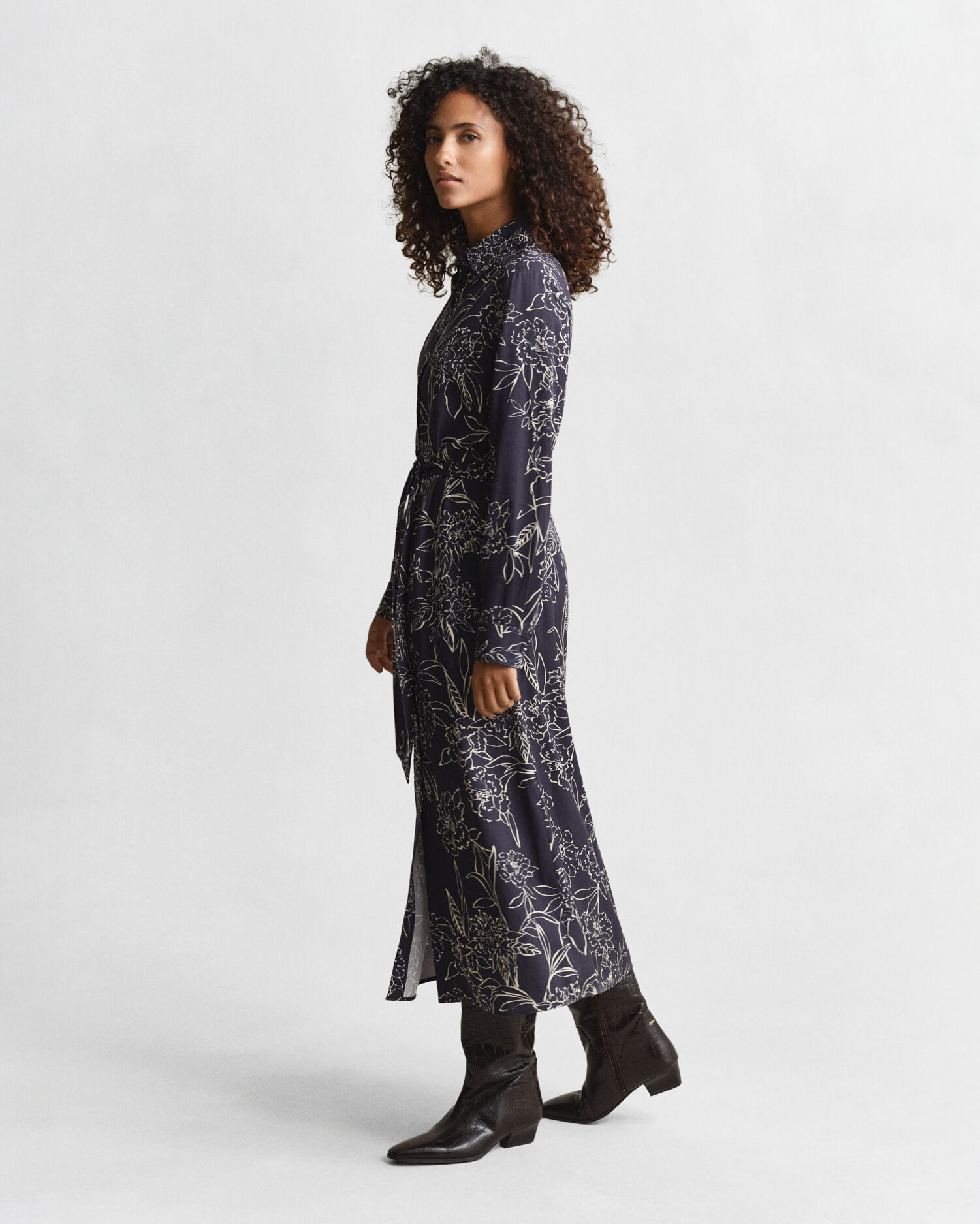 Floral Print Shirt Dress — EVENING BLUE