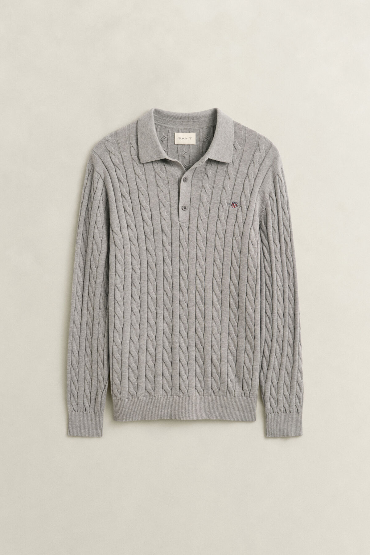 Cotton Cable Knit Polo Sweater — GREY MELANGE