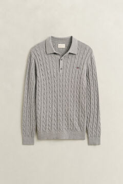 Cotton Cable Knit Polo Sweater — GREY MELANGE 1