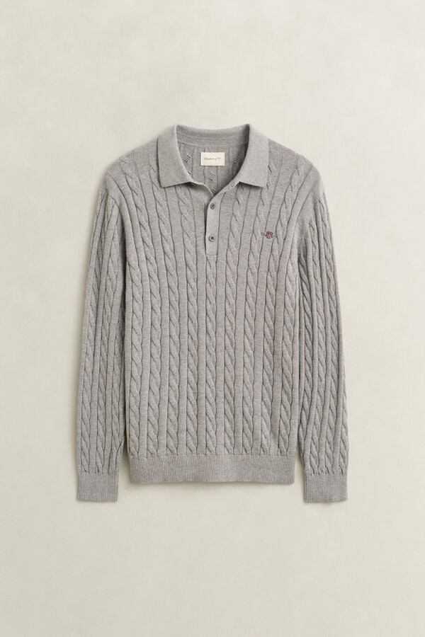 Cotton Cable Knit Polo Sweater — GREY MELANGE
