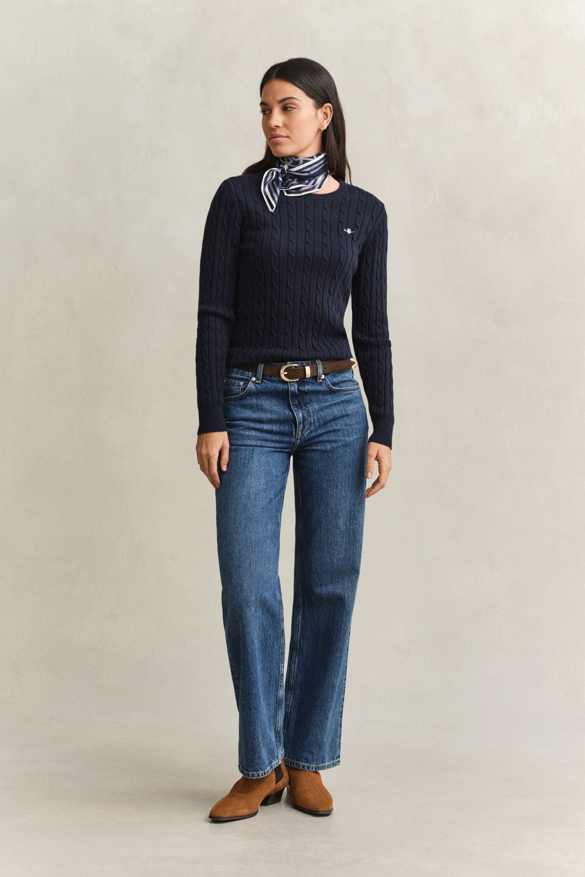 Stretch Cotton Cable Knit Crew Neck Sweater