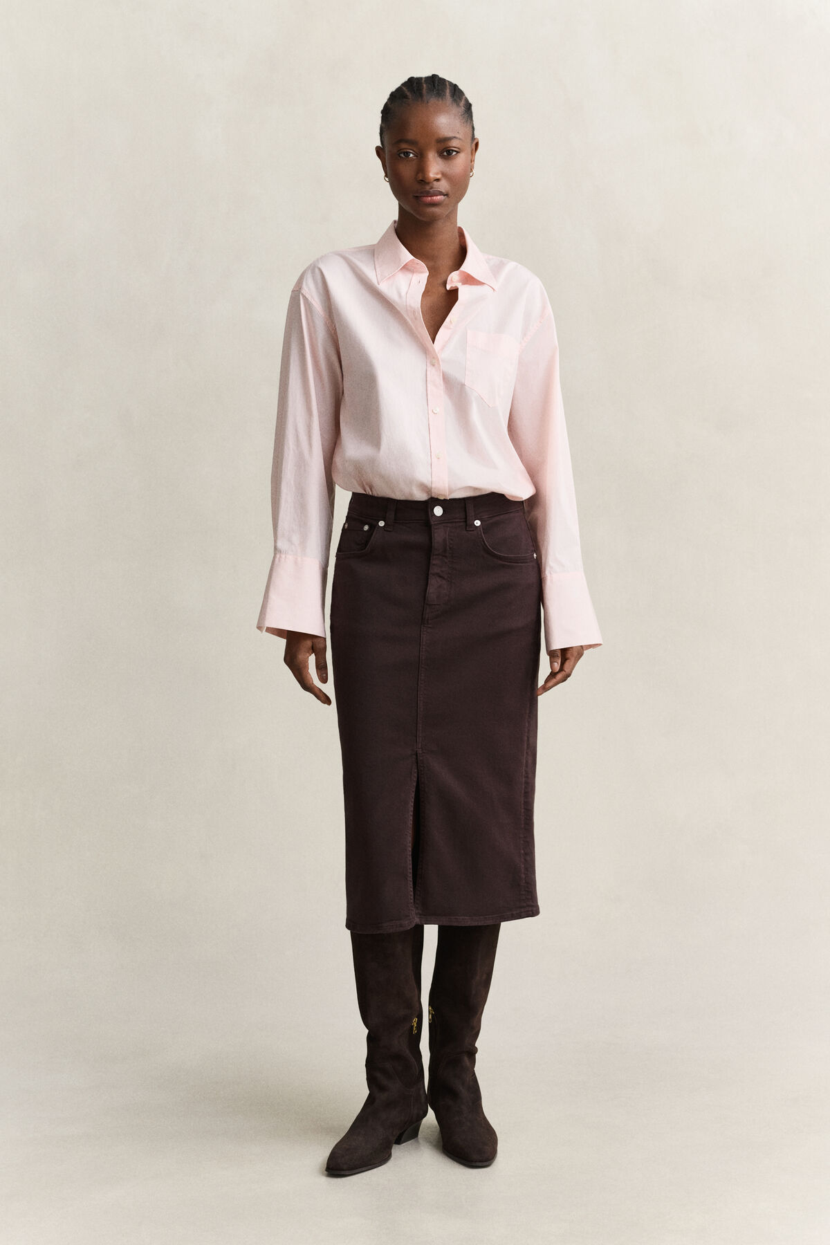 Twill Colored Pencil Skirt — DEEP BROWN