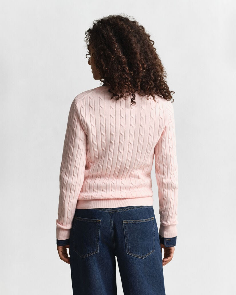 Stretch Cotton Cable Knit V-Neck Sweater