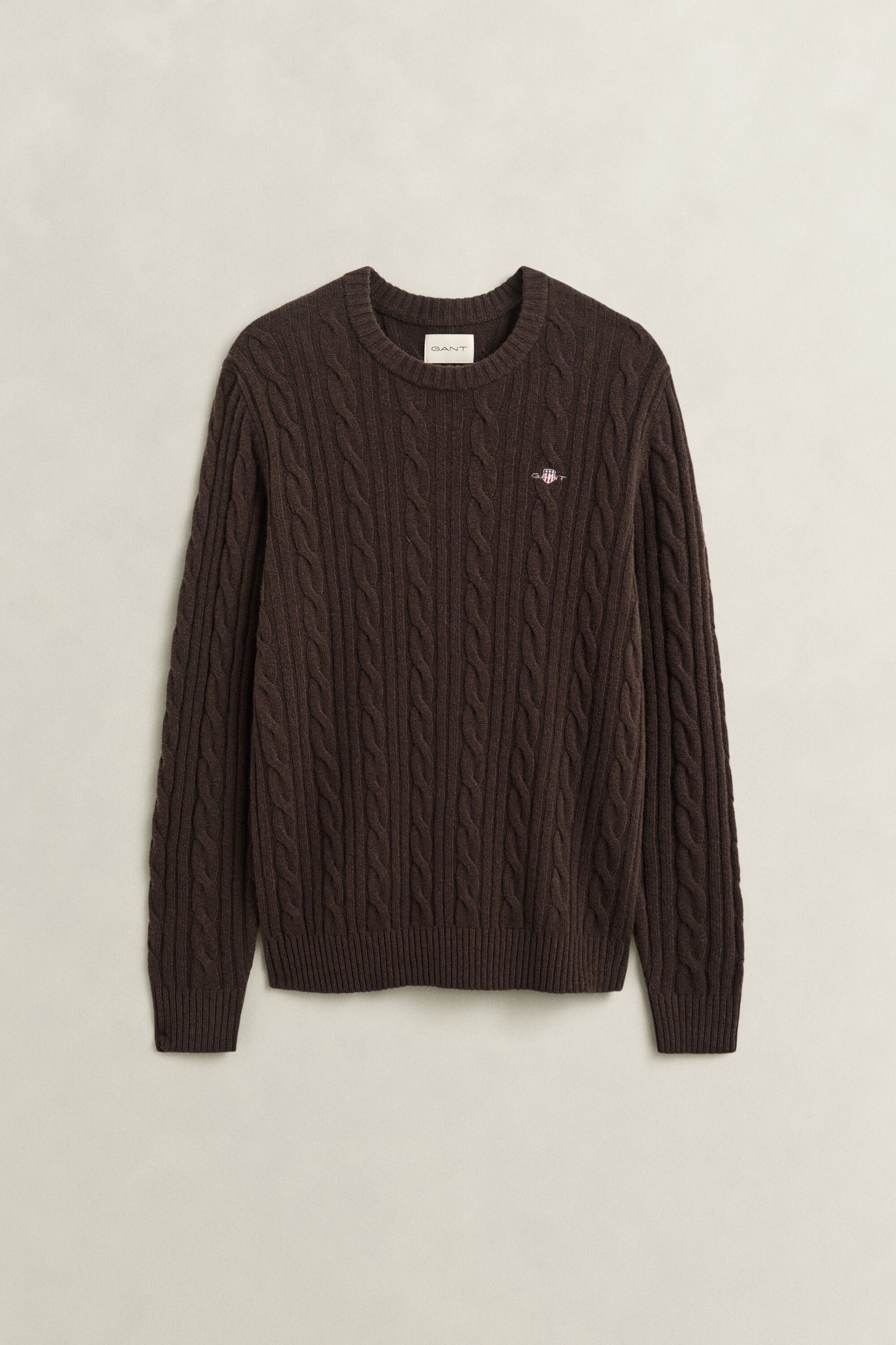 Lambswool Cable Knit Crew Neck Sweater — BLACK BROWN