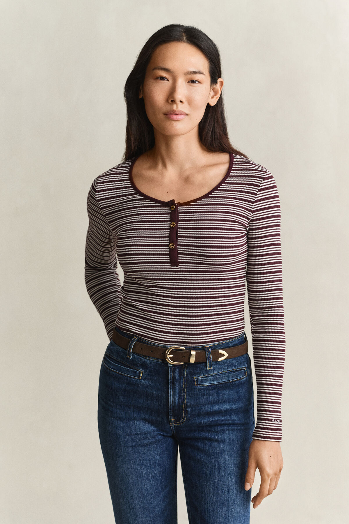Ribbed Long Sleeve Henley Top — DARKENED WINE