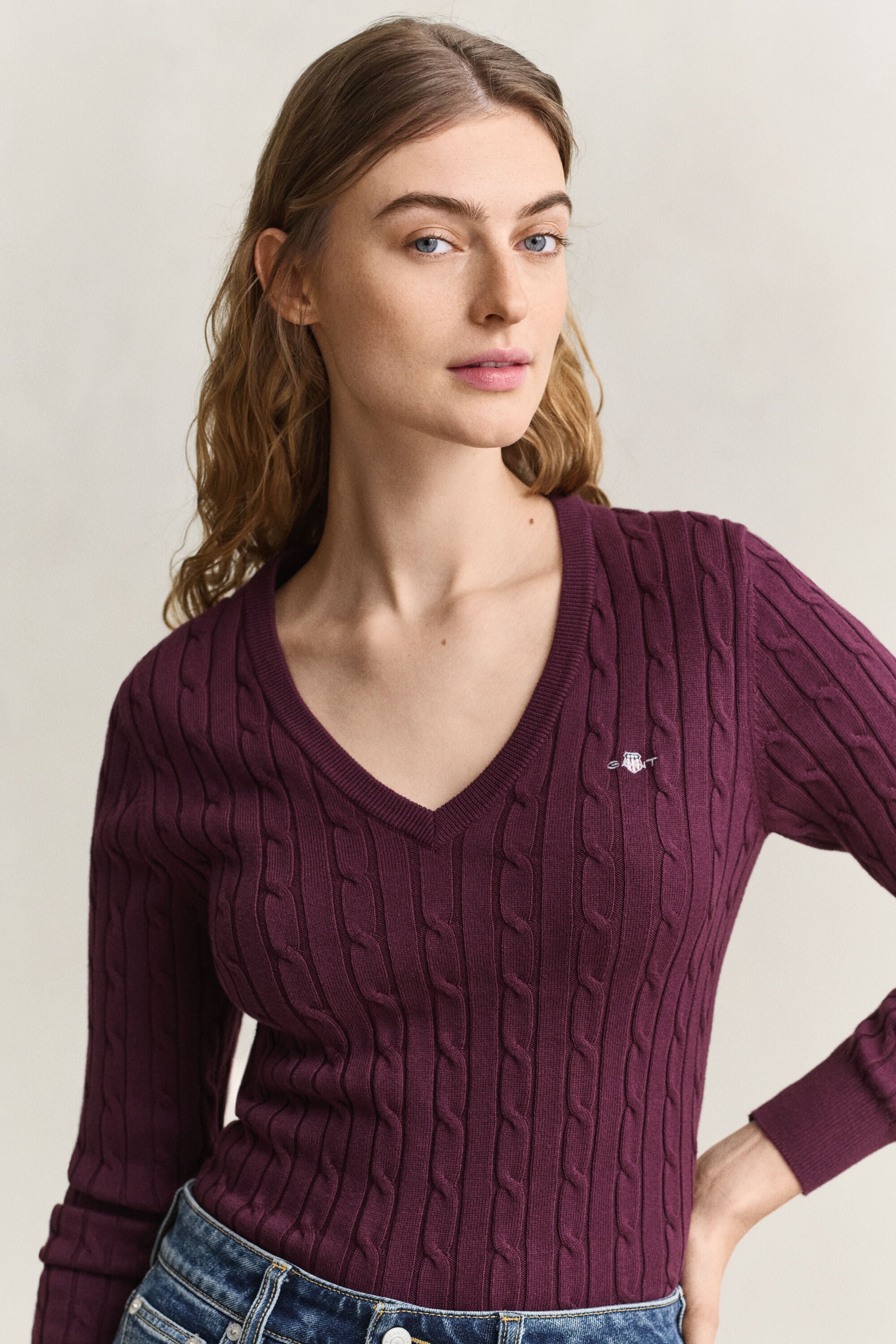Stretch Cotton Cable Knit V-Neck Sweater