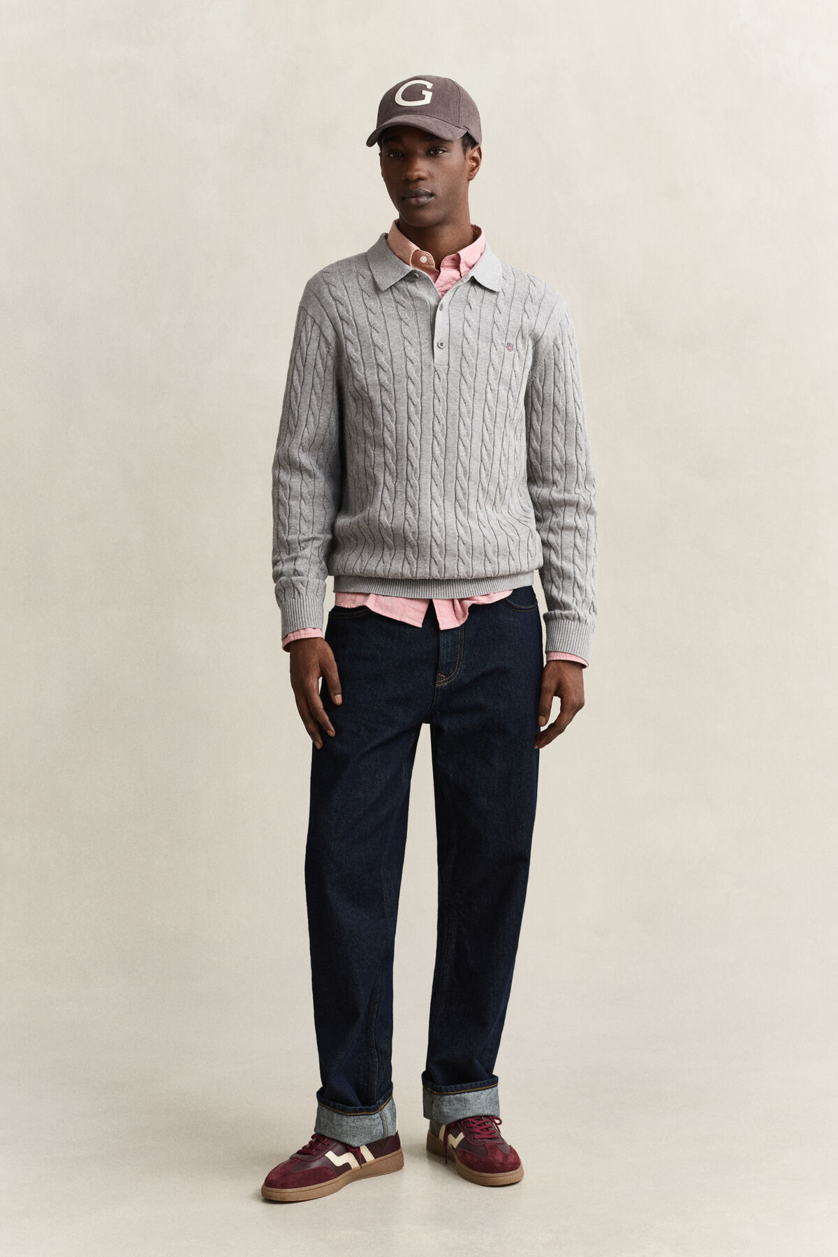 Cotton Cable Knit Polo Sweater — GREY MELANGE