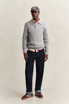Cotton Cable Knit Polo Sweater — GREY MELANGE 5