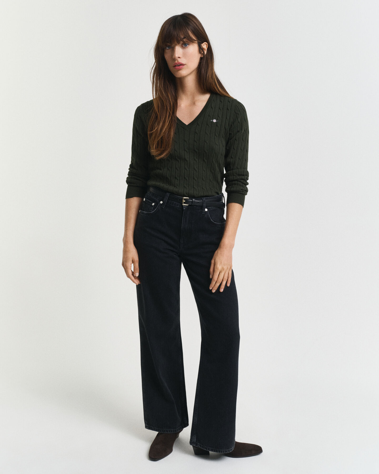 Stretch Cotton Cable Knit V-Neck Sweater