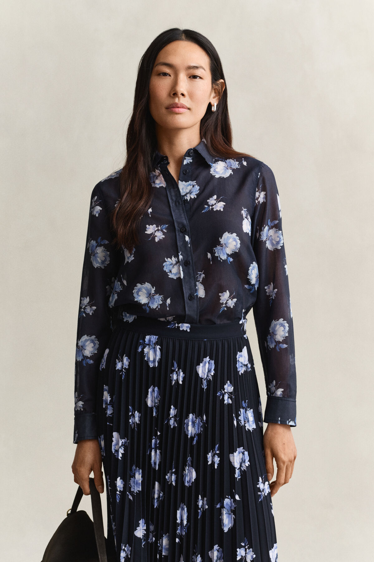 Floral Print Cotton Silk Shirt — EVENING BLUE
