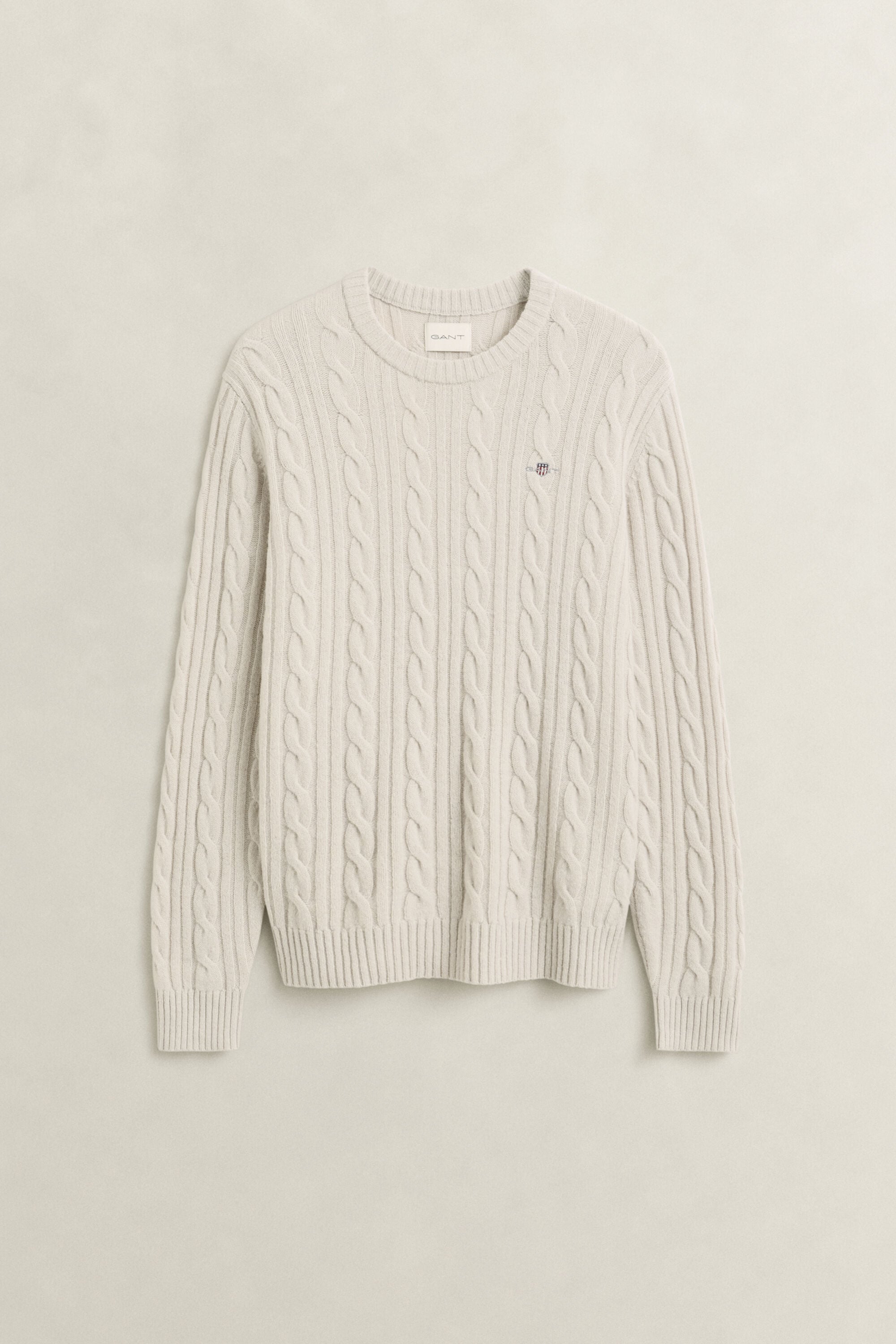 Lambswool Cable Knit Crew Neck Sweater — CLAY BEIGE