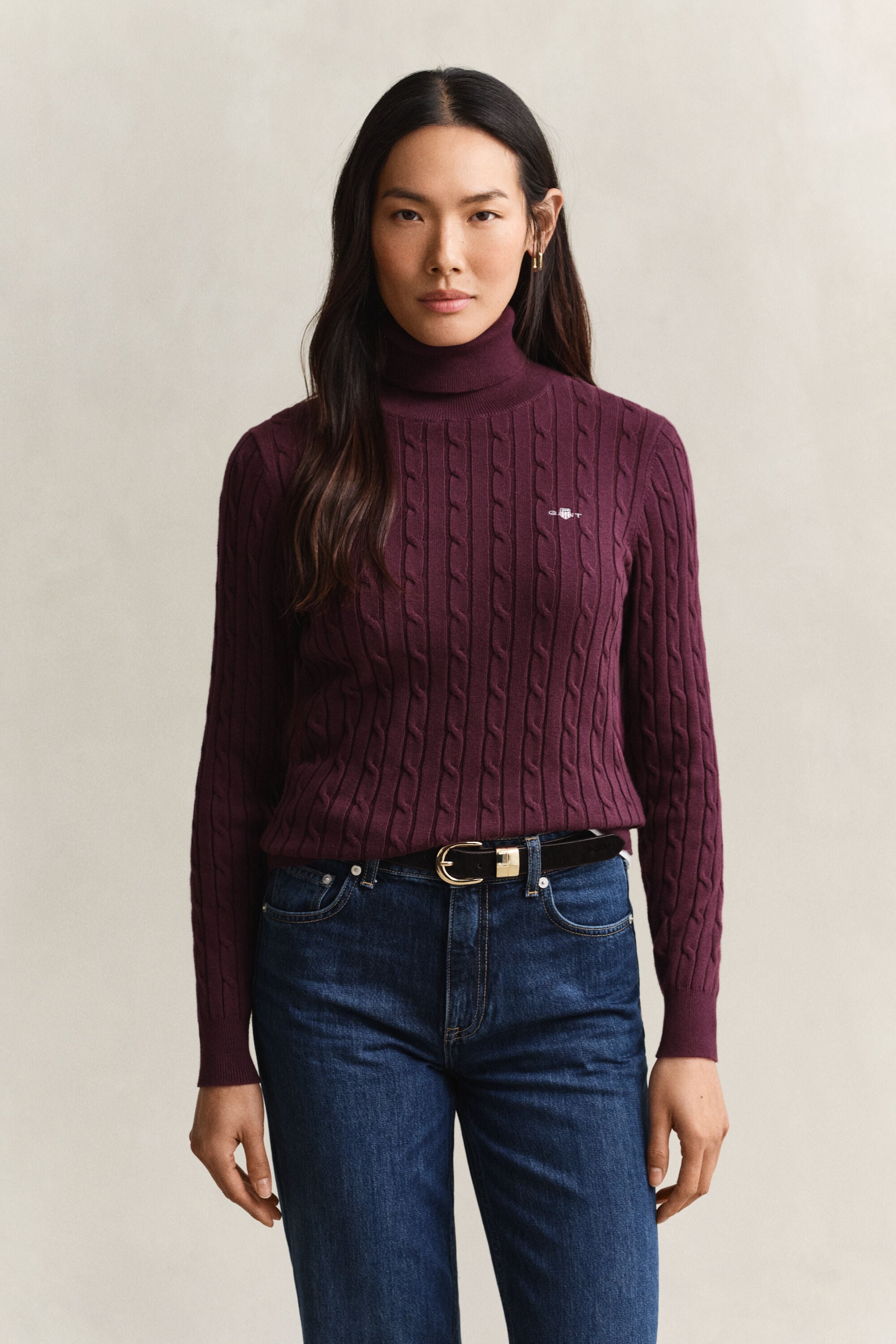 Stretch Cotton Cable Knit Turtleneck Sweater