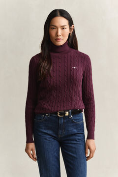 Stretch Cotton Cable Knit Turtleneck Sweater — DARKENED WINE 4