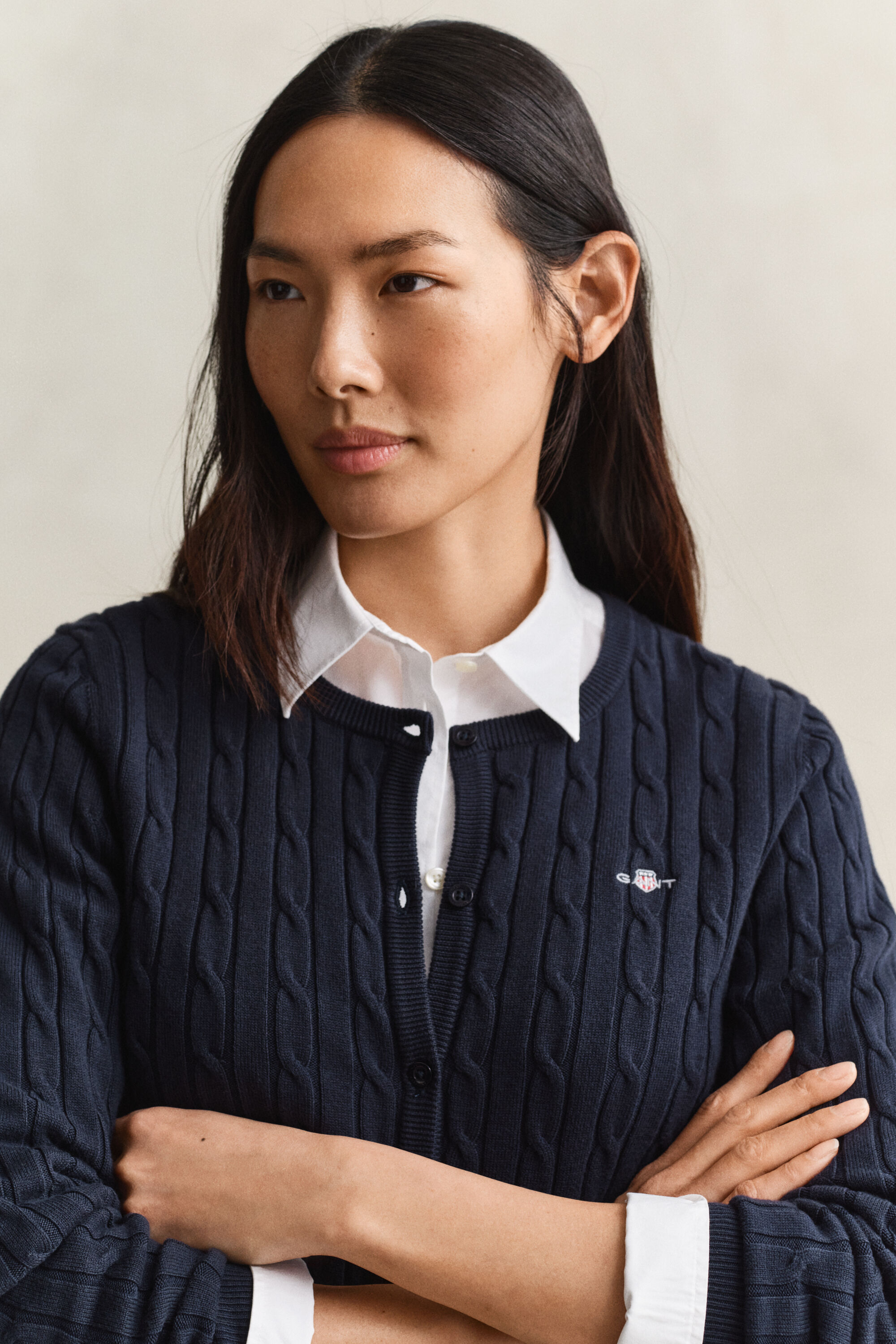 Stretch Cotton Cable Knit Cardigan